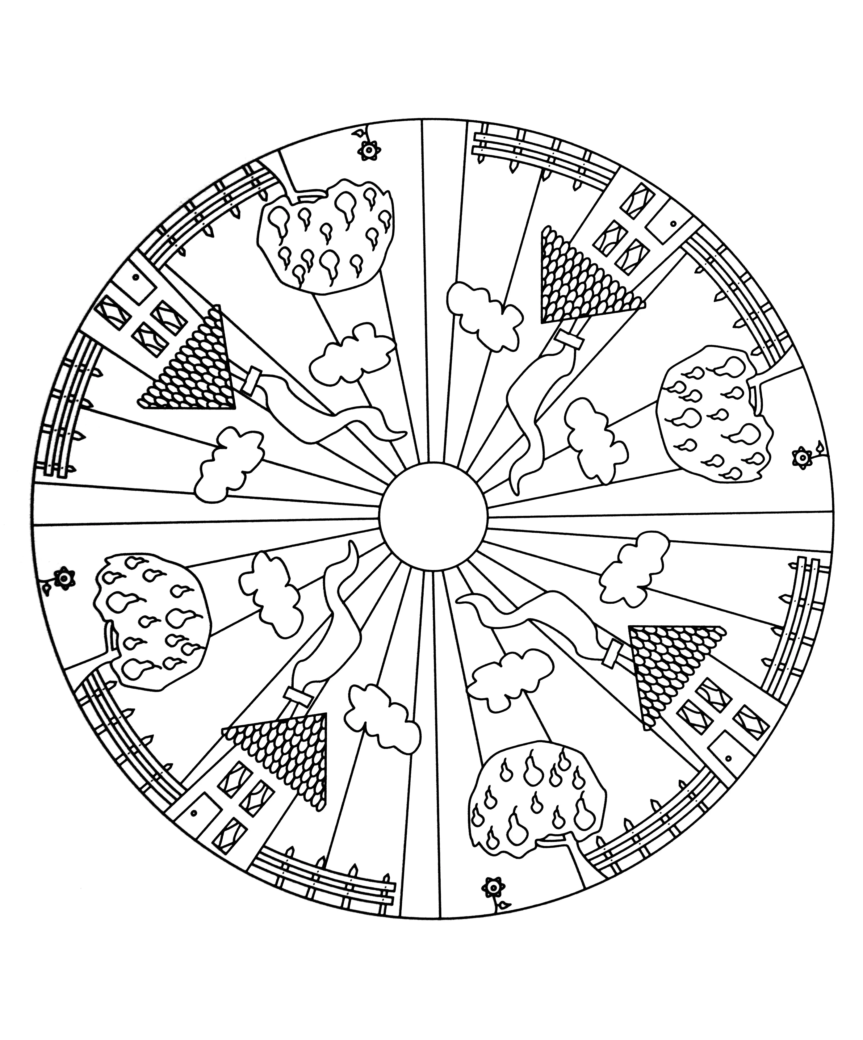 Haus und Bäume (Ausmalbild von Mandala zum Ausdrucken und Ausmalen für Kinder)