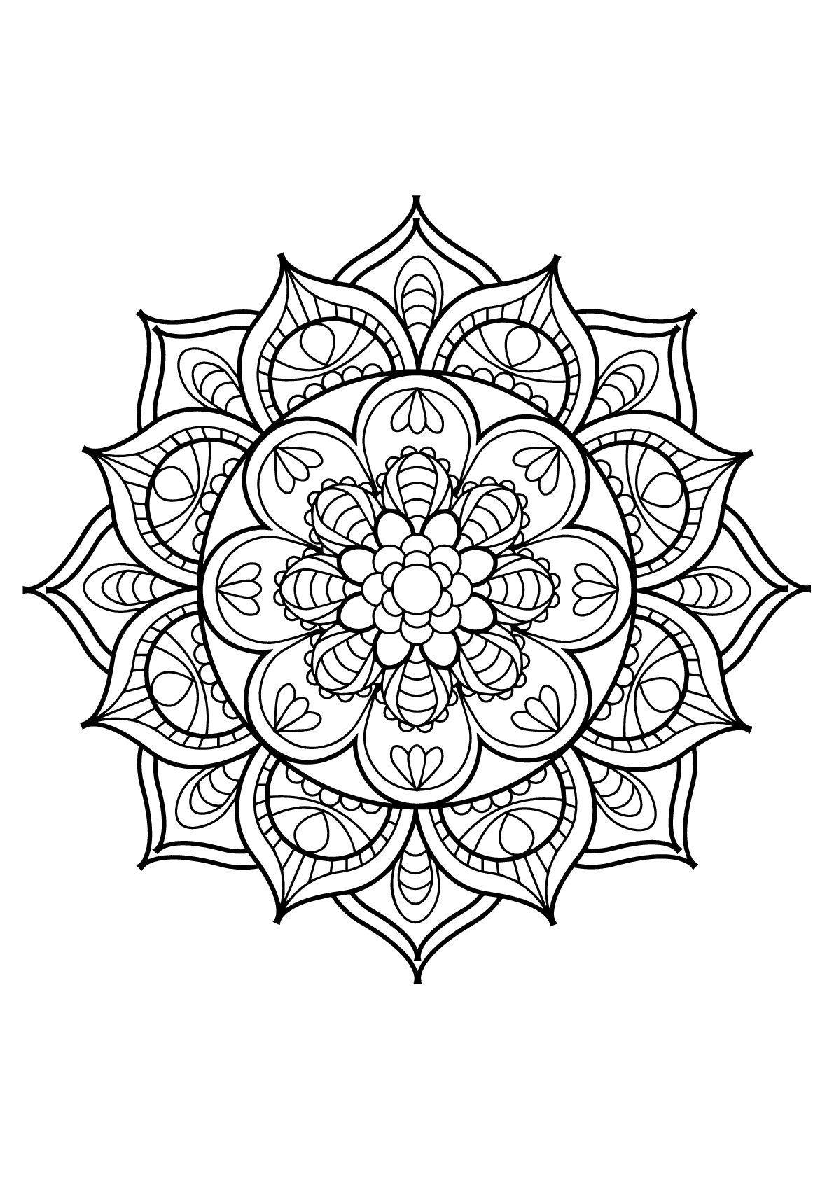 Hübsches Mandala mit spitzen Blütenblättern (Ausmalbild zum Ausdrucken und Ausmalen für Kinder)