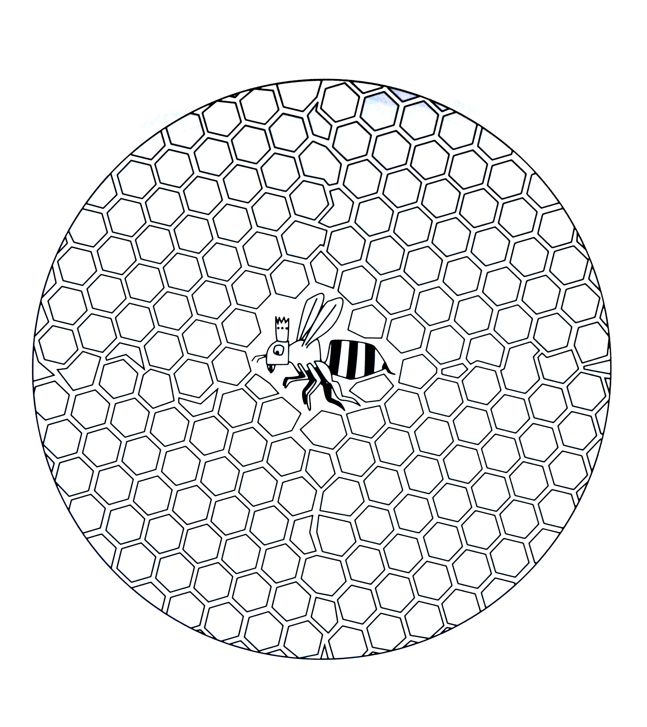 Die Bienenkönigin und der Bienenstock. (Ausmalbild von Mandala zum Ausdrucken und Ausmalen für Kinder)