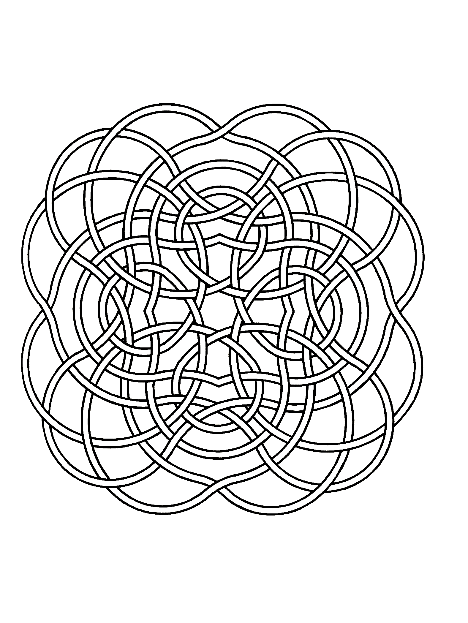 Verschlungene, aber symmetrische Fäden, die ein Mandala bilden (Ausmalbild zum Ausdrucken und Ausmalen für Kinder)