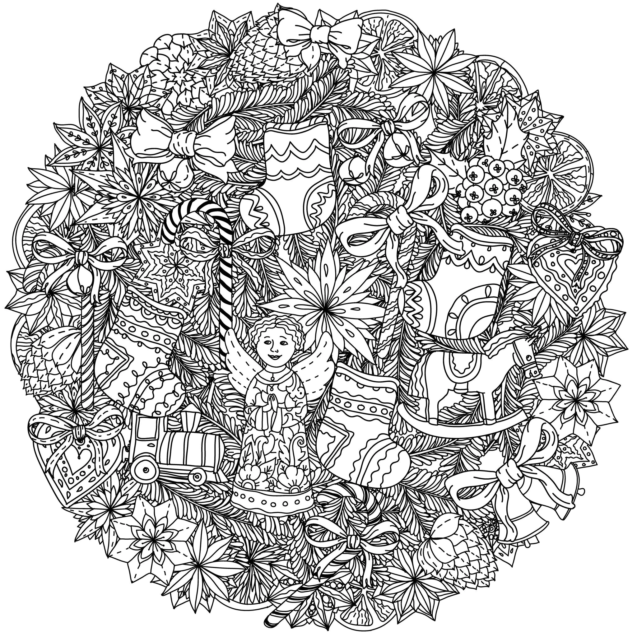 49525227 - Weihnachtskranz mit dekorativen Elementen, schwarz und weiß. Ideal für Ihr Design, Textilien, Poster, Malbuch. (Ausmalbild von Mandala zum Ausdrucken und Ausmalen für Kinder)