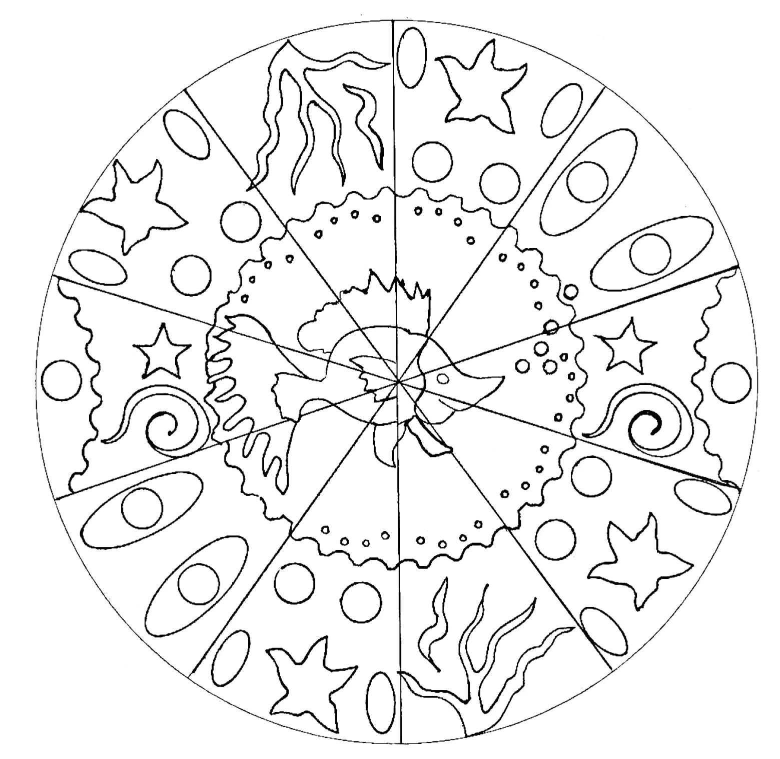 Mandala mit Fisch und Algen (Ausmalbild zum Ausdrucken und Ausmalen für Kinder)