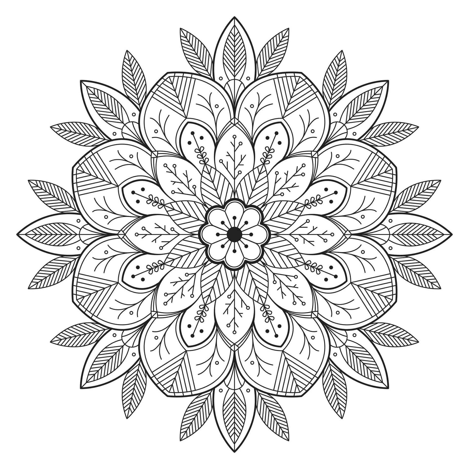 Mandala mit Blättern und Blumen (Ausmalbild zum Ausdrucken und Ausmalen für Kinder)