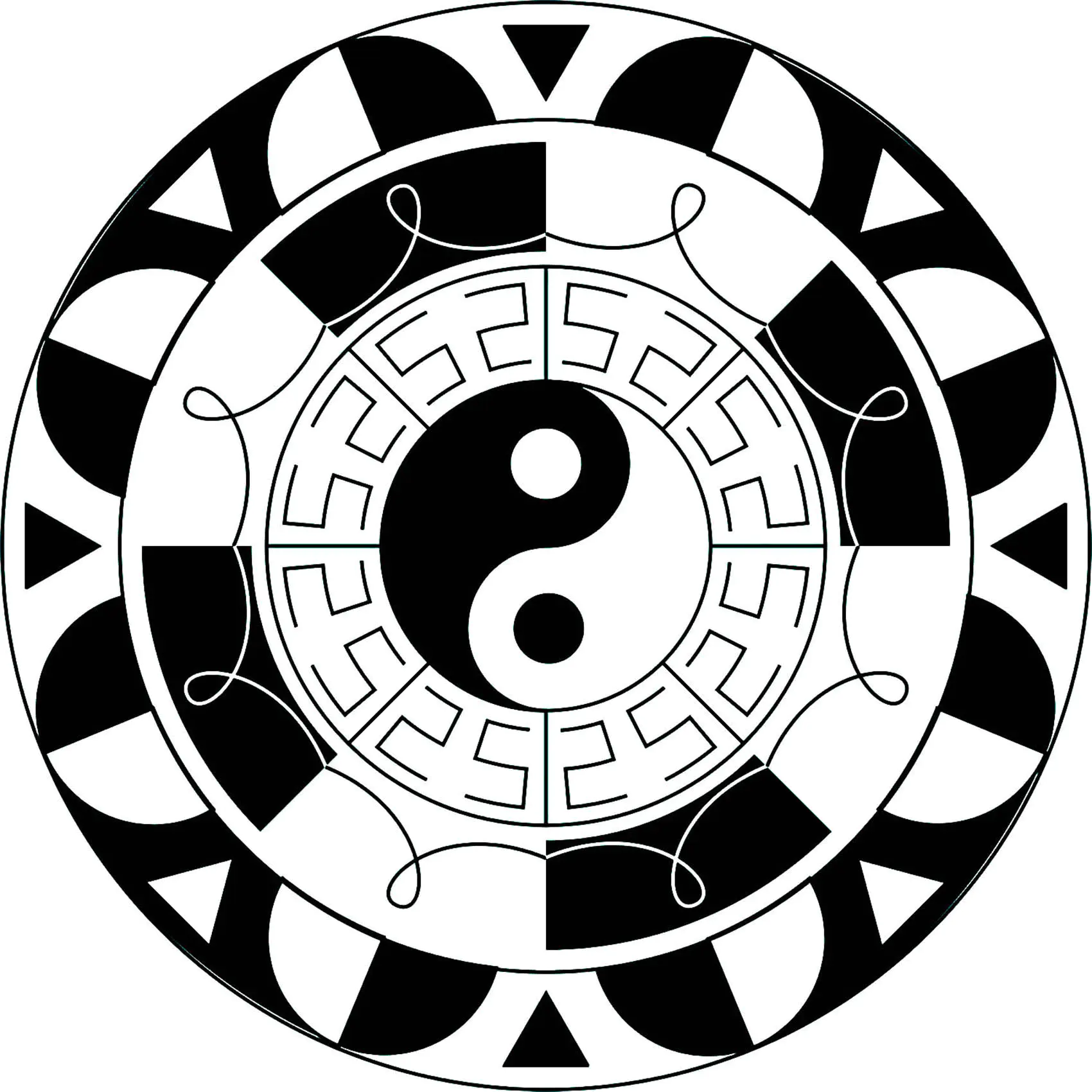 Das berühmte Yin & Yang-Symbol, integriert in ein hübsches schwarz-weißes Mandala. (Ausmalbild zum Ausdrucken und Ausmalen für Kinder)