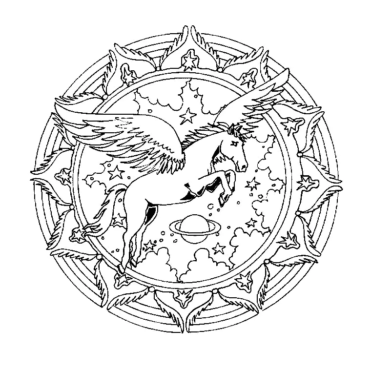 Eine hübsche Einhorn in einem Mandala. (Ausmalbild zum Ausdrucken und Ausmalen für Kinder)
