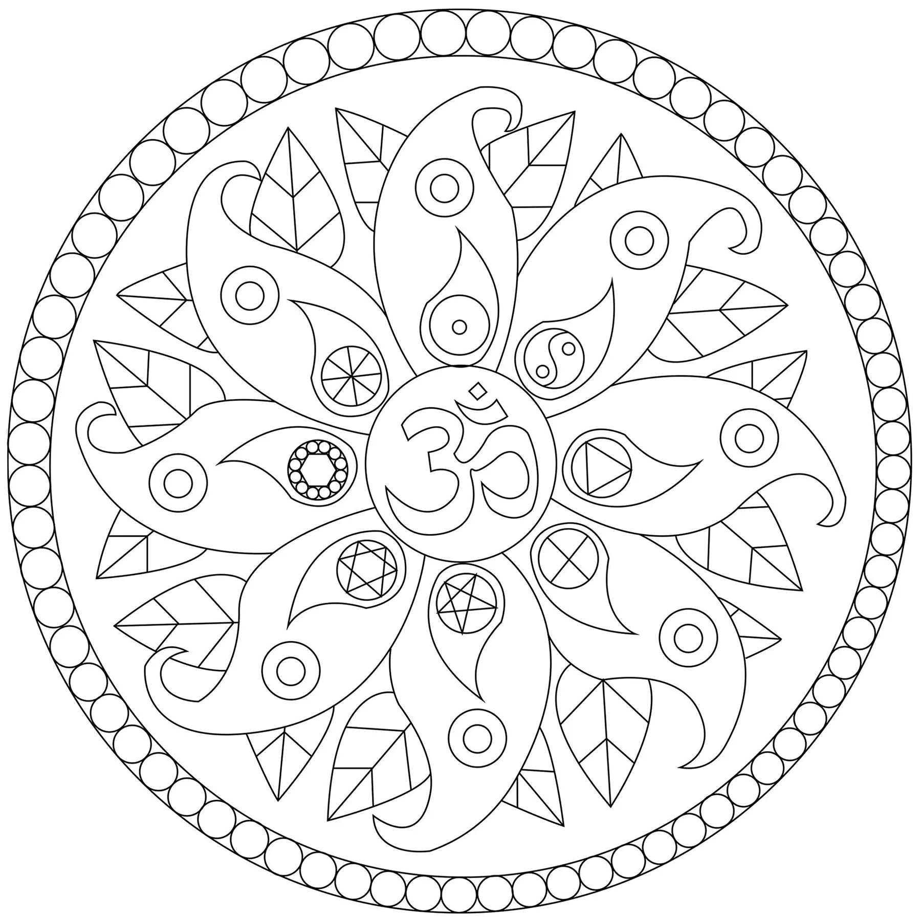 Mandala mit verschiedenen Symbolen (Ausmalbild zum Ausdrucken und Ausmalen für Kinder)