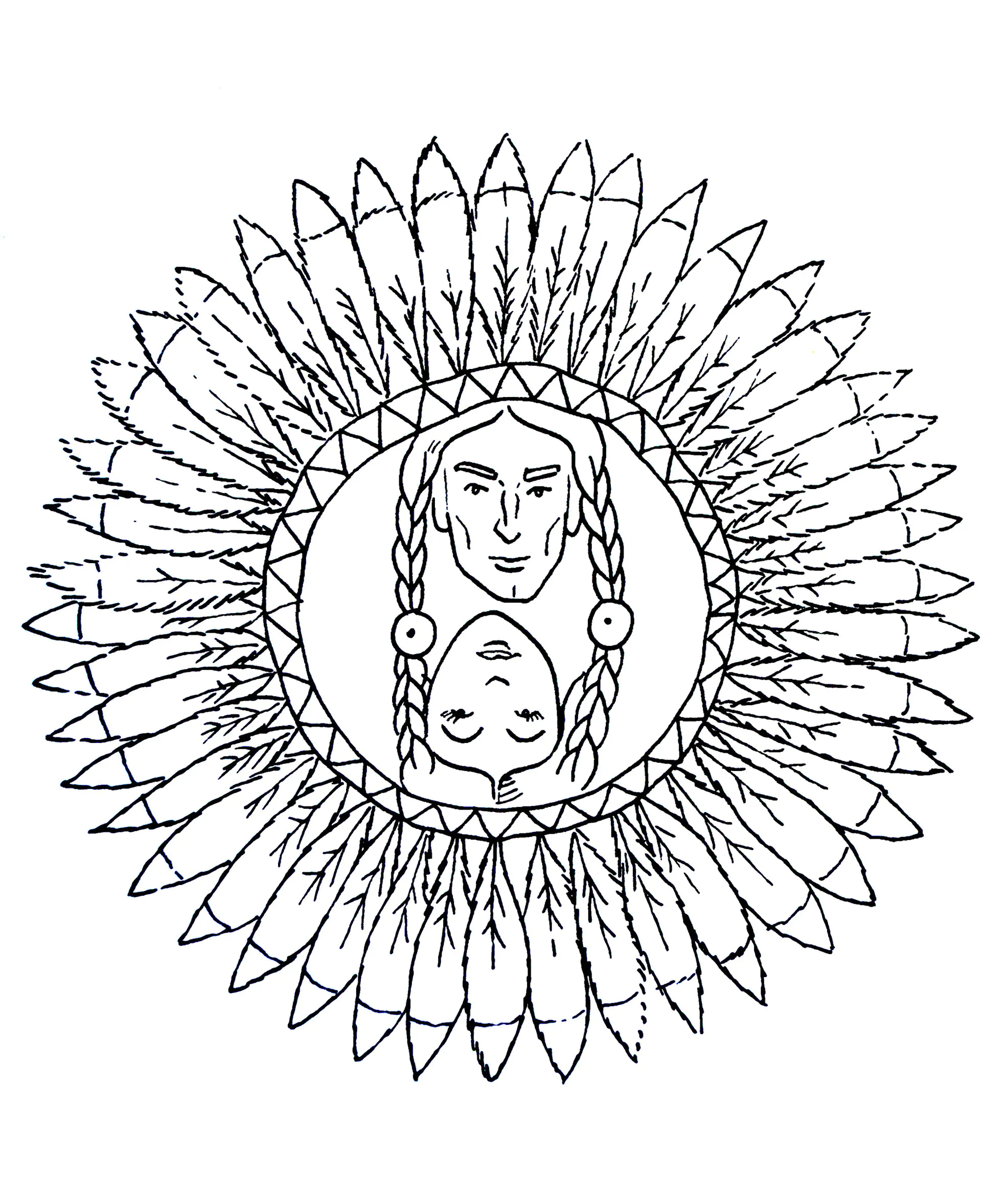 Mandala mit zwei amerikanischen Indianern (Ausmalbild zum Ausdrucken und Ausmalen für Kinder)