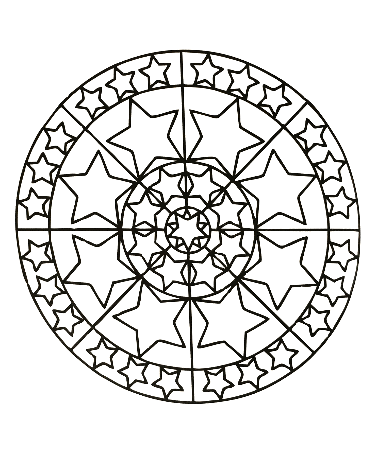 Mandala aus Sternen in verschiedenen Größen (Ausmalbild zum Ausdrucken und Ausmalen für Kinder)