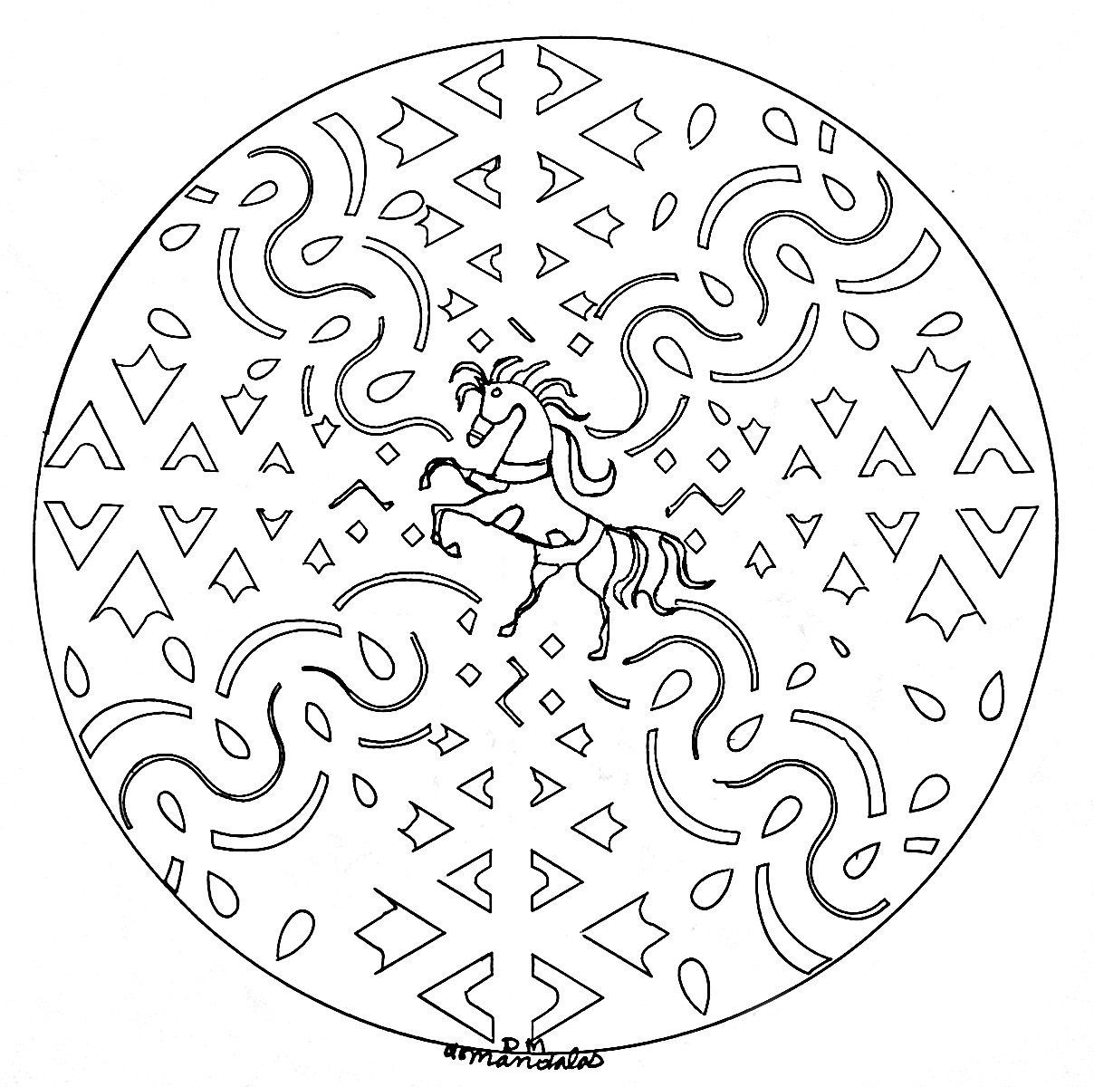 Pferd (Ausmalbild von Mandala zum Ausdrucken und Ausmalen für Kinder)