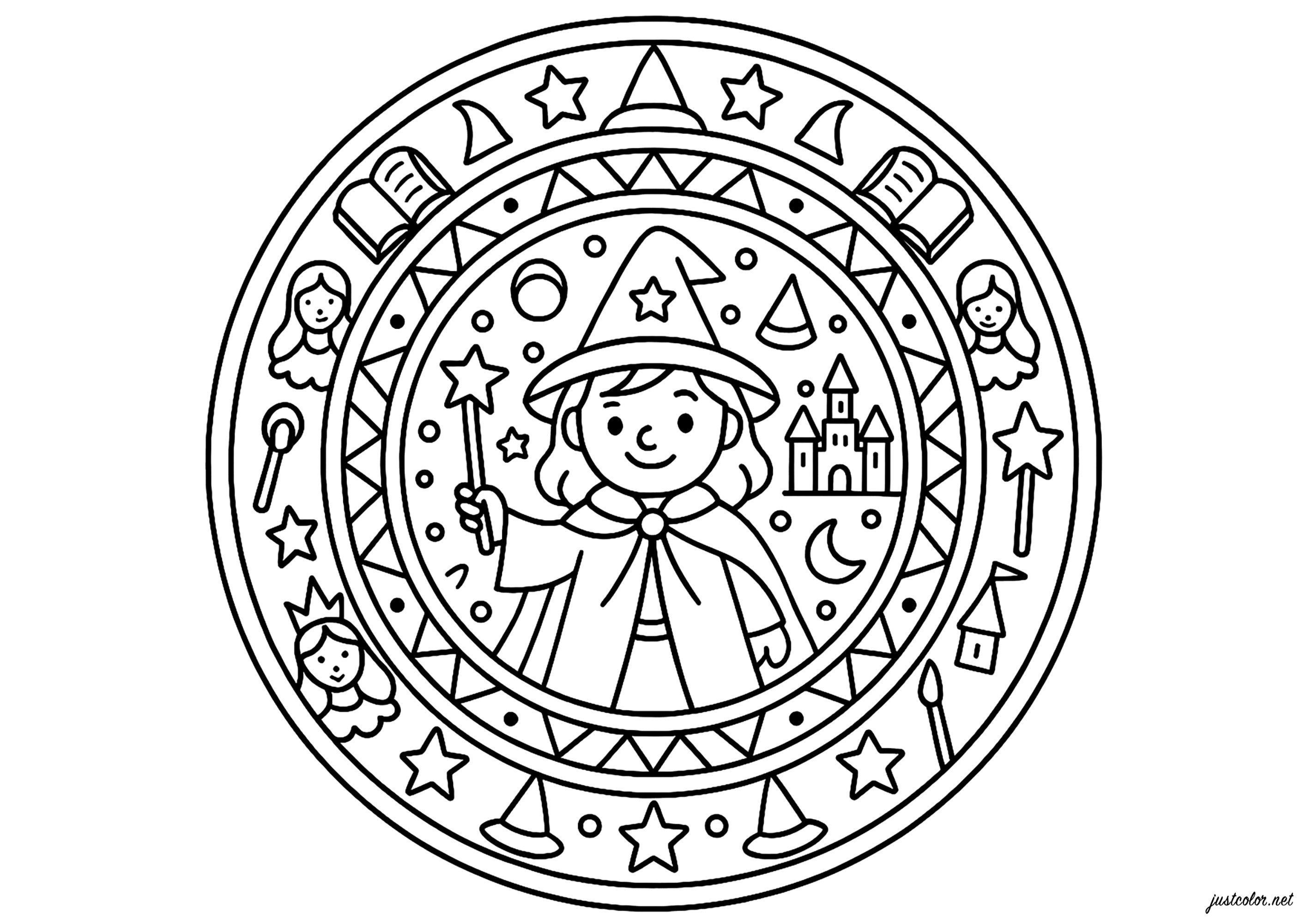 Kleiner Zauberer und magische Symbole (Ausmalbild von Mandala zum Ausdrucken und Ausmalen für Kinder)