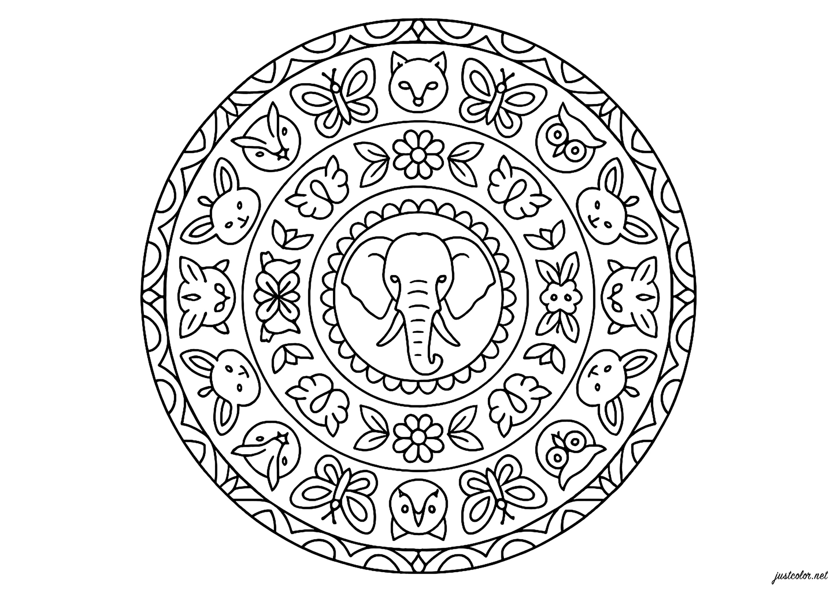 Symmetrisches Mandala mit Elefant in der Mitte (Ausmalbild zum Ausdrucken und Ausmalen für Kinder)