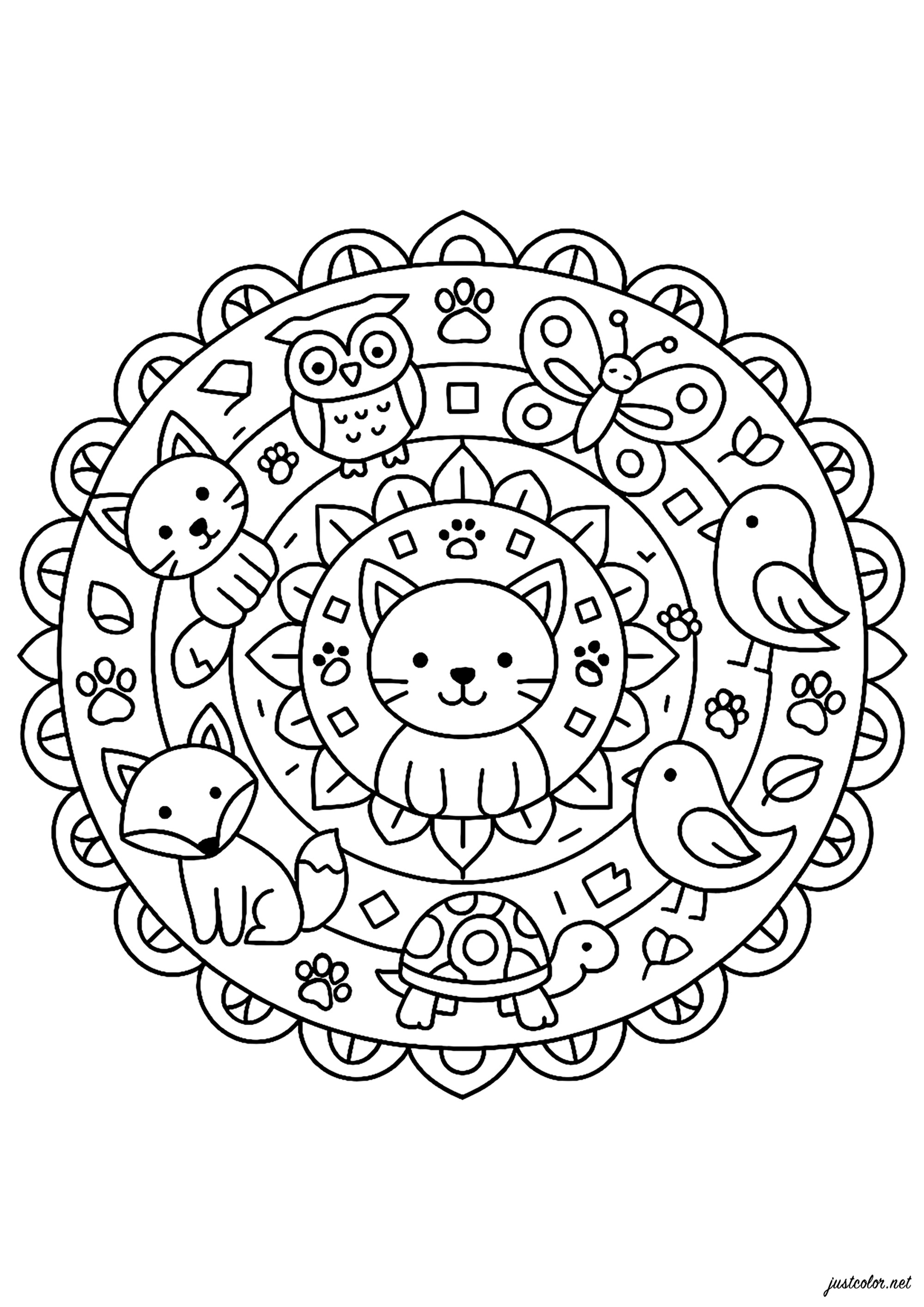 Mandala mit einer Katze in der Mitte (Ausmalbild zum Ausdrucken und Ausmalen für Kinder)