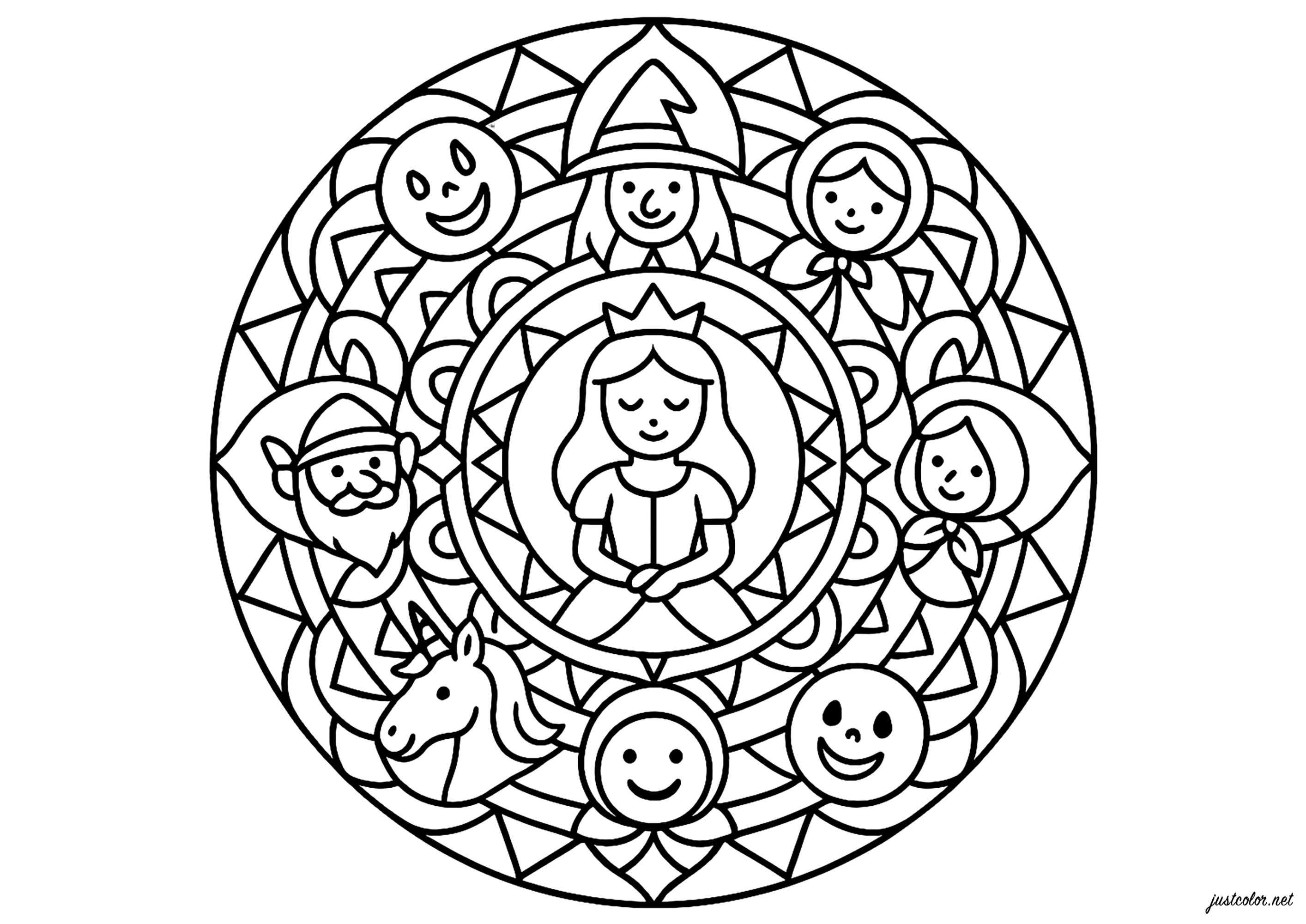Mandalas der Märchenhelden (Ausmalbild zum Ausdrucken und Ausmalen für Kinder)