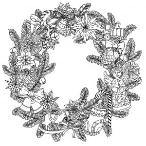 49525223 - Weihnachtskranz mit Dekorationsartikeln, schwarz und weiß. Das Beste für Ihr Design, Textilien, Poster, Malbuch. (Ausmalbild von Mandala)