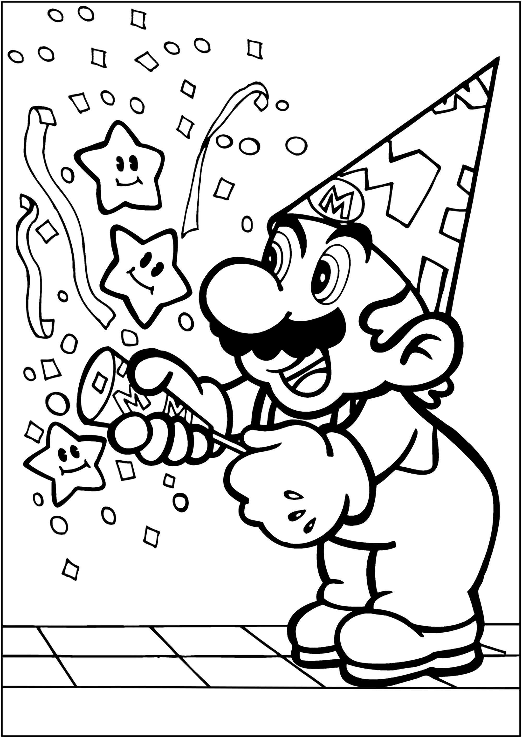 Mario feiert eine Party. (Ausmalbild von Mario Bros zum Ausdrucken und Ausmalen für Kinder)