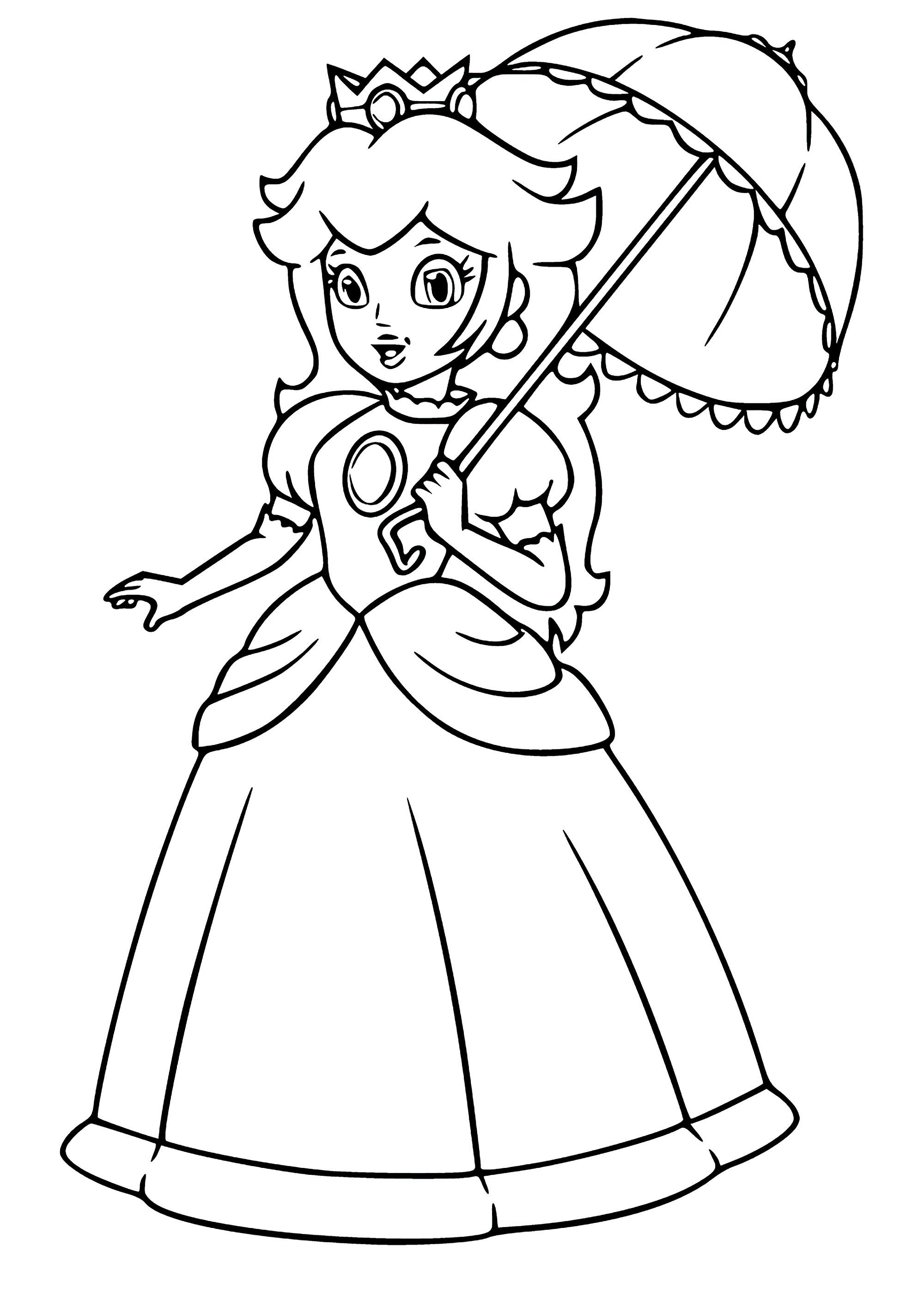 Prinzessin Peach mit einem Sonnenschirm (Ausmalbild von Mario Bros zum Ausdrucken und Ausmalen für Kinder)