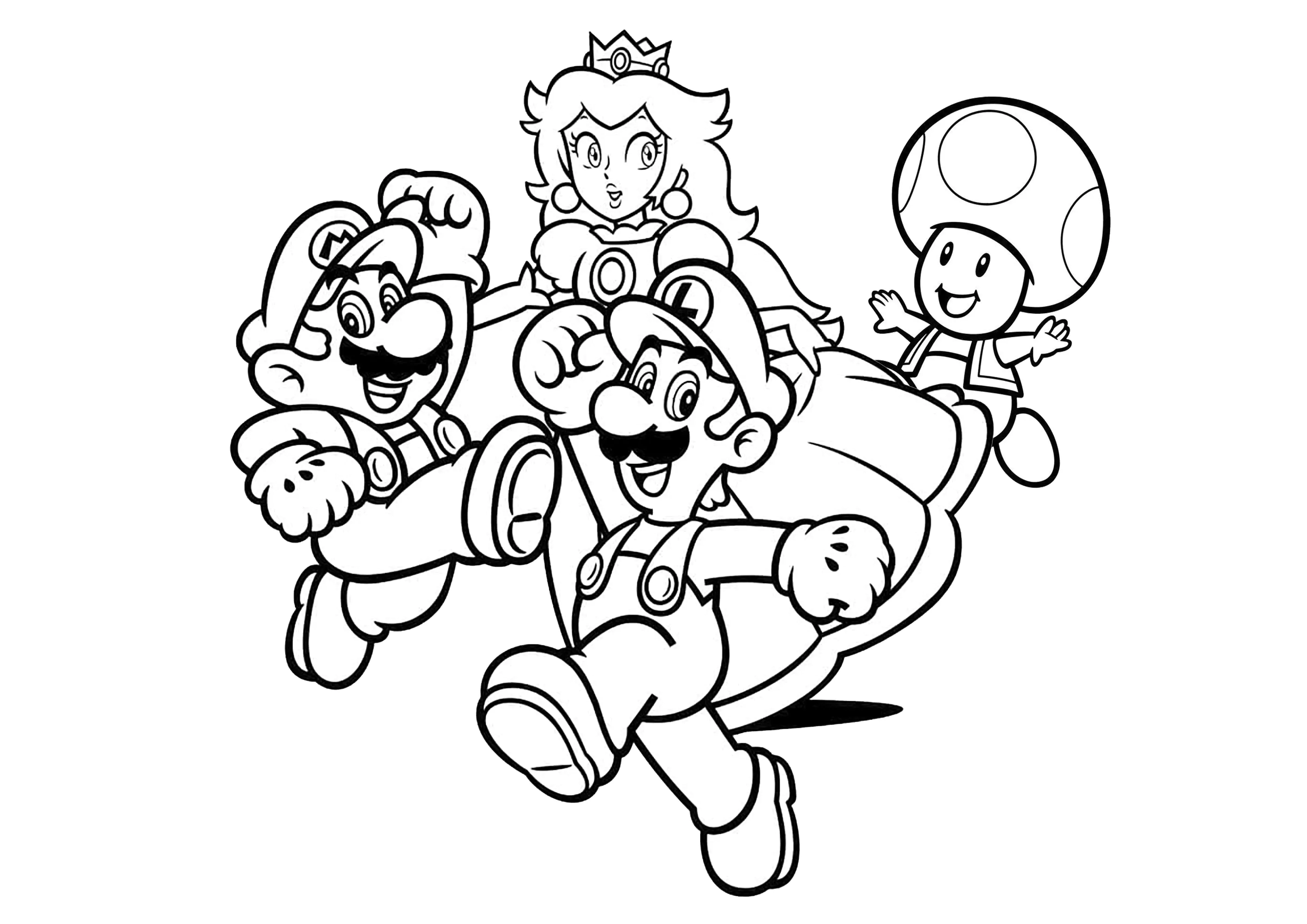 Mario, Luigi, Prinzessin Peach und ihr Freund Toad. (Ausmalbild von Mario Bros zum Ausdrucken und Ausmalen für Kinder)