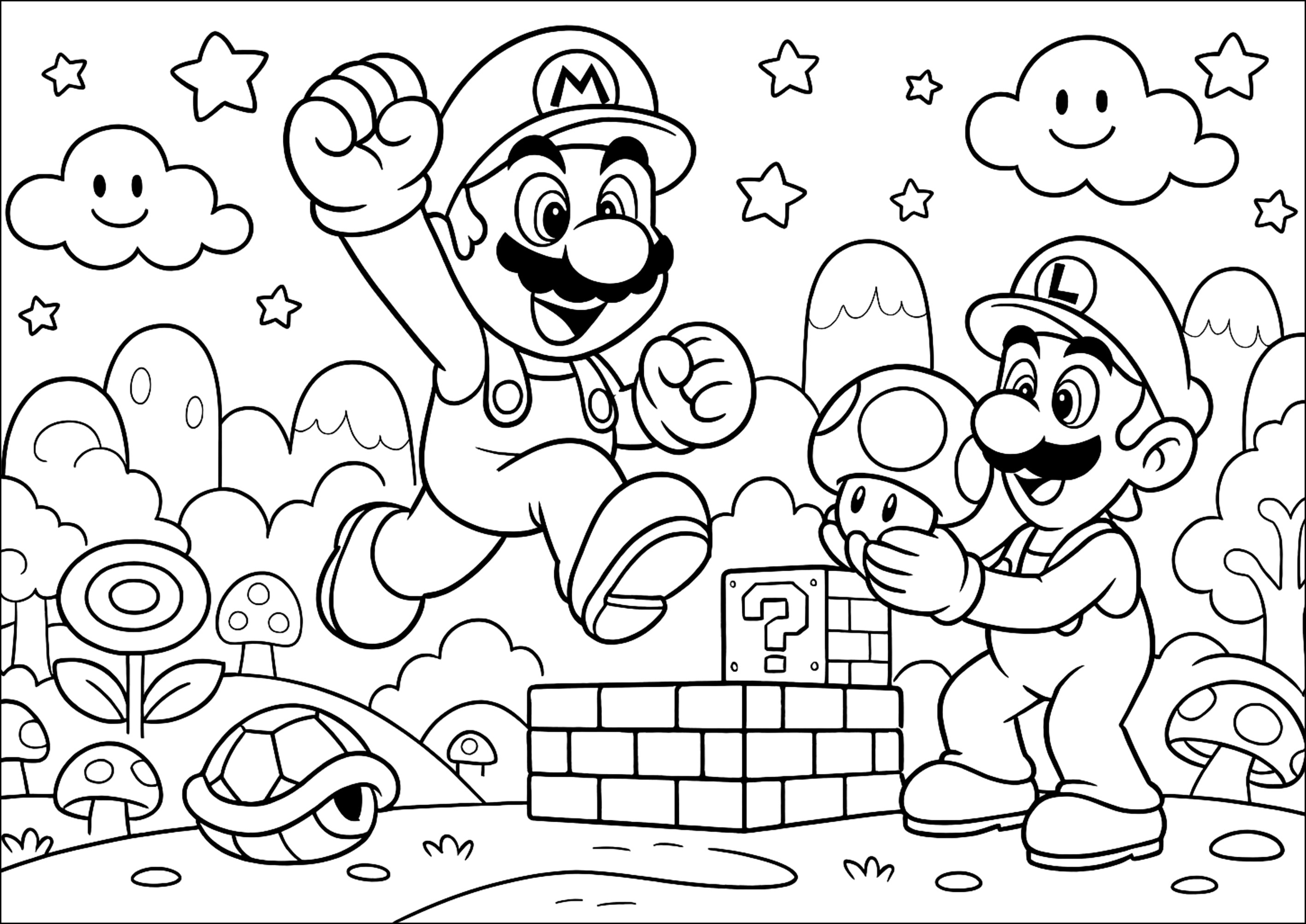 Fantastisches Abenteuer in einer verzauberten Welt (Ausmalbild von Mario Bros zum Ausdrucken und Ausmalen für Kinder)
