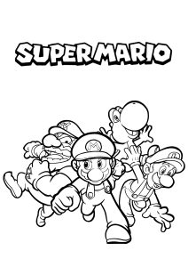 Mario mit Luigi, Wario und Yoshi (Ausmalbild von Mario Bros)