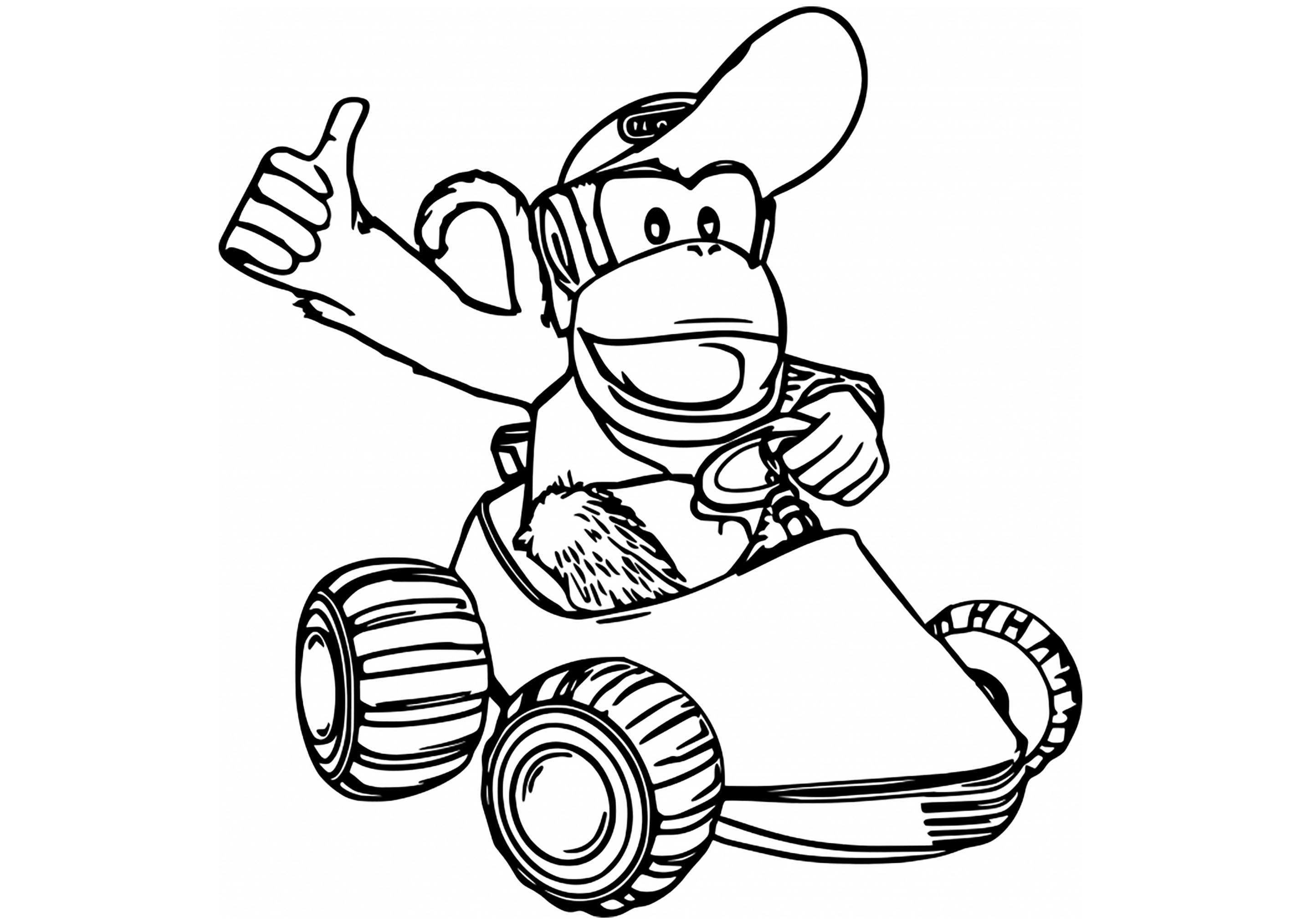 Diddy Kong Kart bleibt in Deutsch unverändert, da es sich um einen spezifischen Namen aus einer Videospielreihe handelt. (Ausmalbild von Mario Kart zum Ausdrucken und Ausmalen für Kinder)