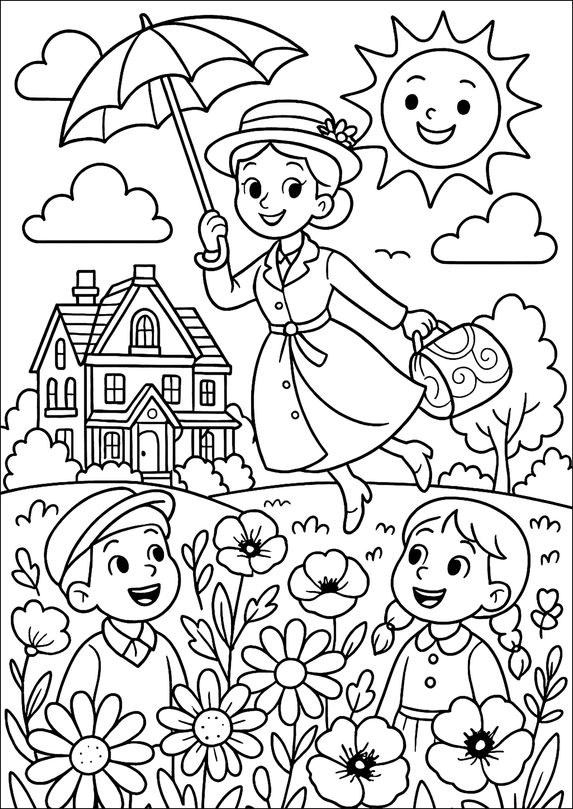 Mary Poppins im freien Flug (Ausmalbild zum Ausdrucken und Ausmalen für Kinder)