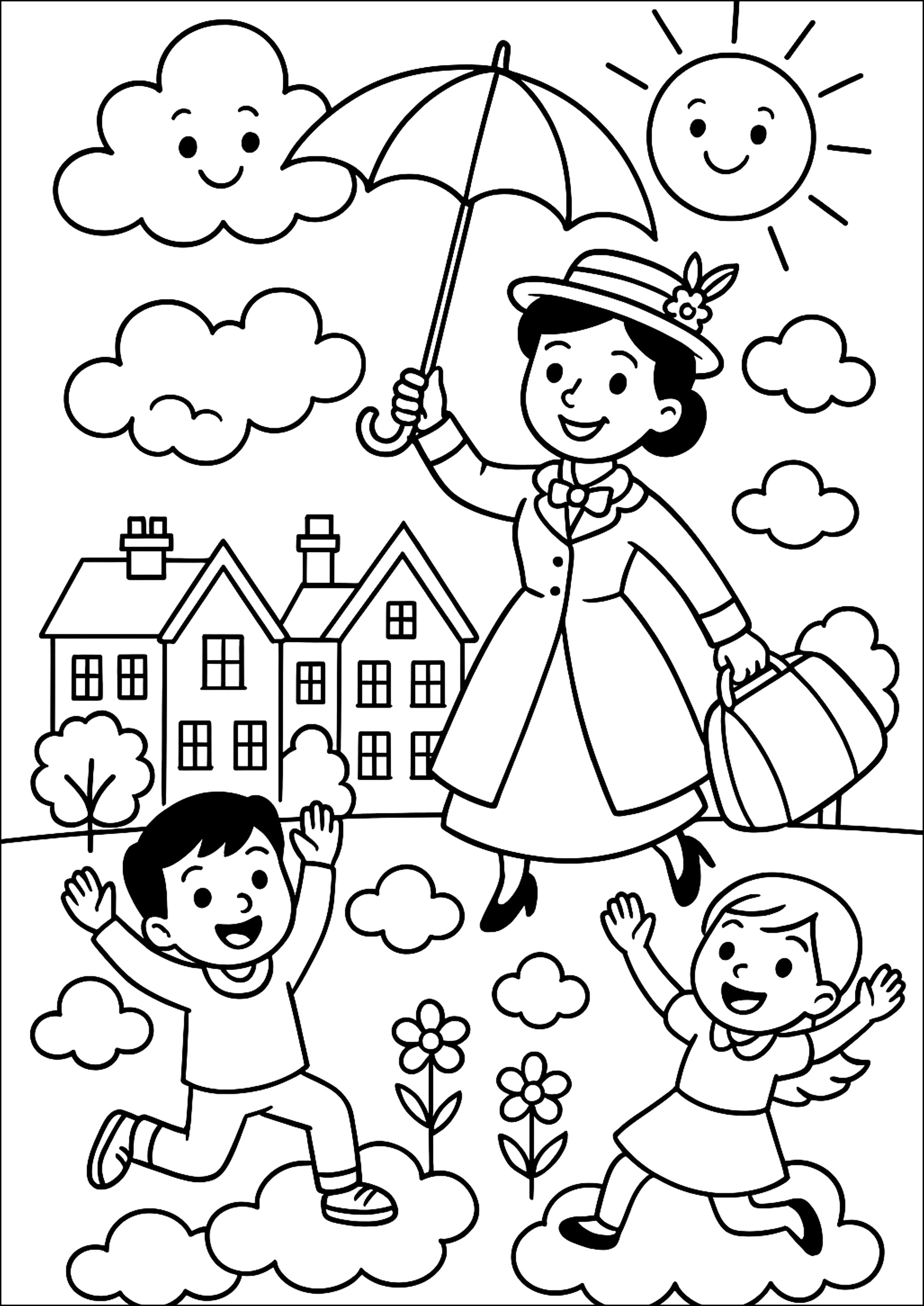 Zeichnung inspiriert von Mary Poppins (Ausmalbild zum Ausdrucken und Ausmalen für Kinder)