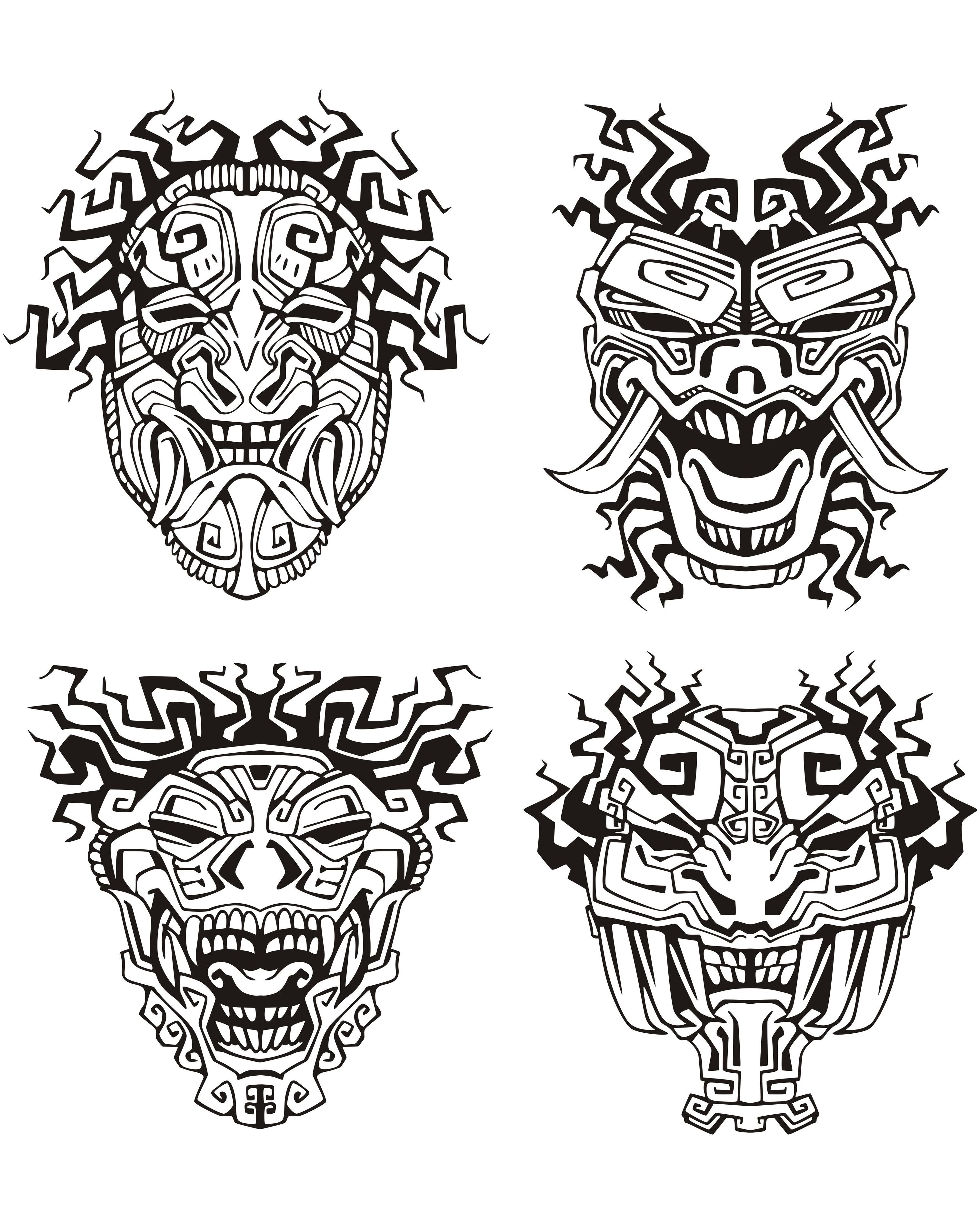 4 Inka/Maya-Masken (Ausmalbild zum Ausdrucken und Ausmalen für Kinder)