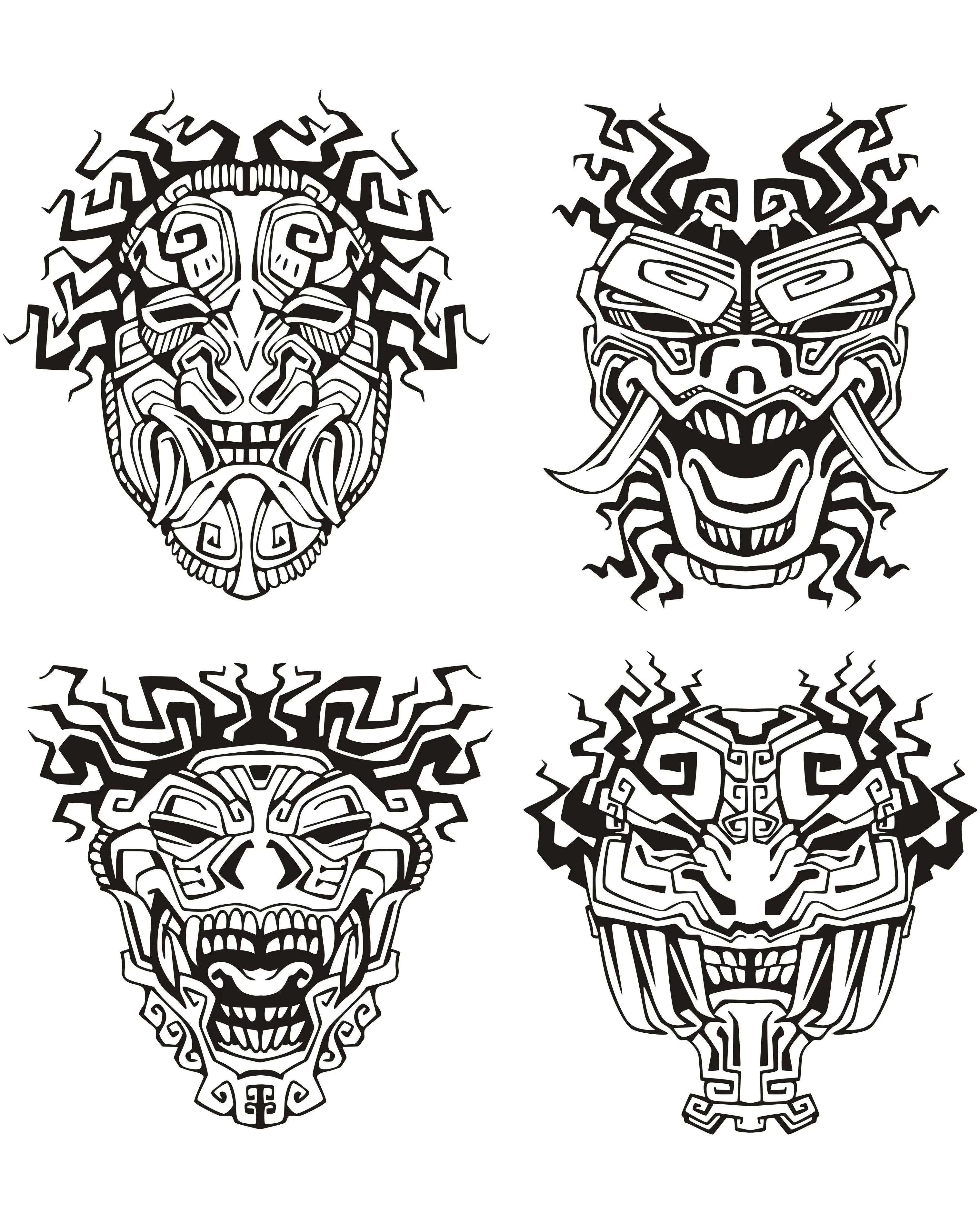4 Inka/Maya-Masken (Ausmalbild zum Ausdrucken und Ausmalen für Kinder)