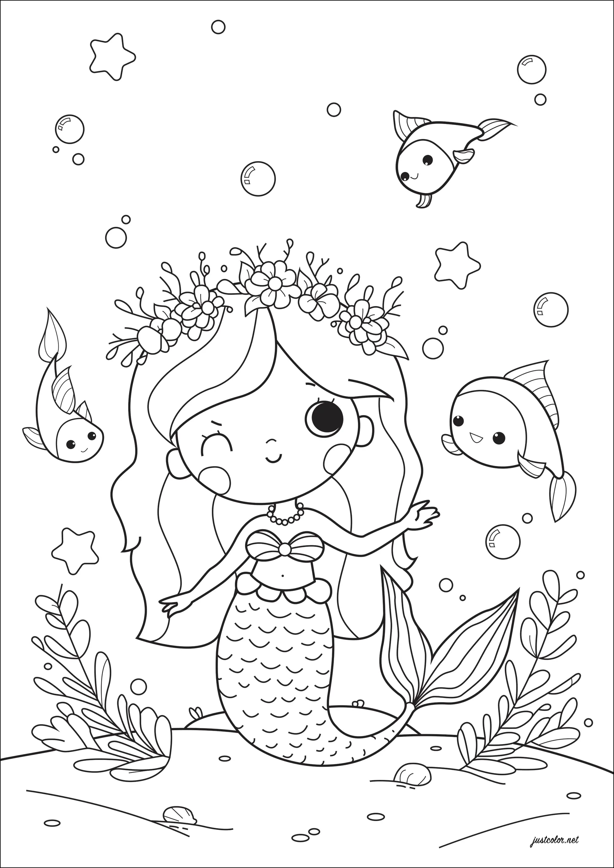 Hübsche kleine Meerjungfrau mit Fischen und Meerespflanzen. (Ausmalbild von Meerjungfrauen zum Ausdrucken und Ausmalen für Kinder)