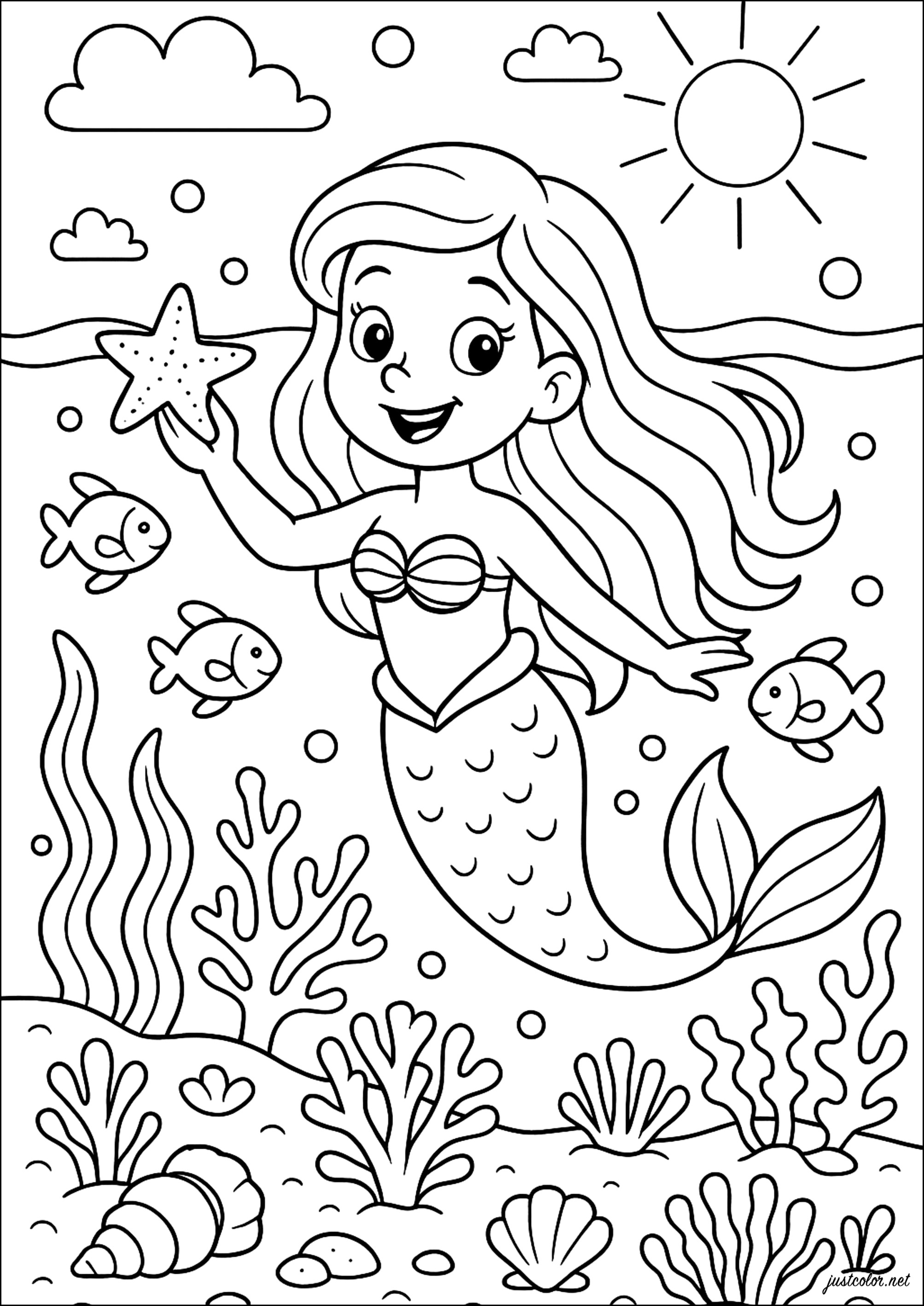 Sirene in ihrem Unterwasserreich (Ausmalbild von Meerjungfrauen zum Ausdrucken und Ausmalen für Kinder)