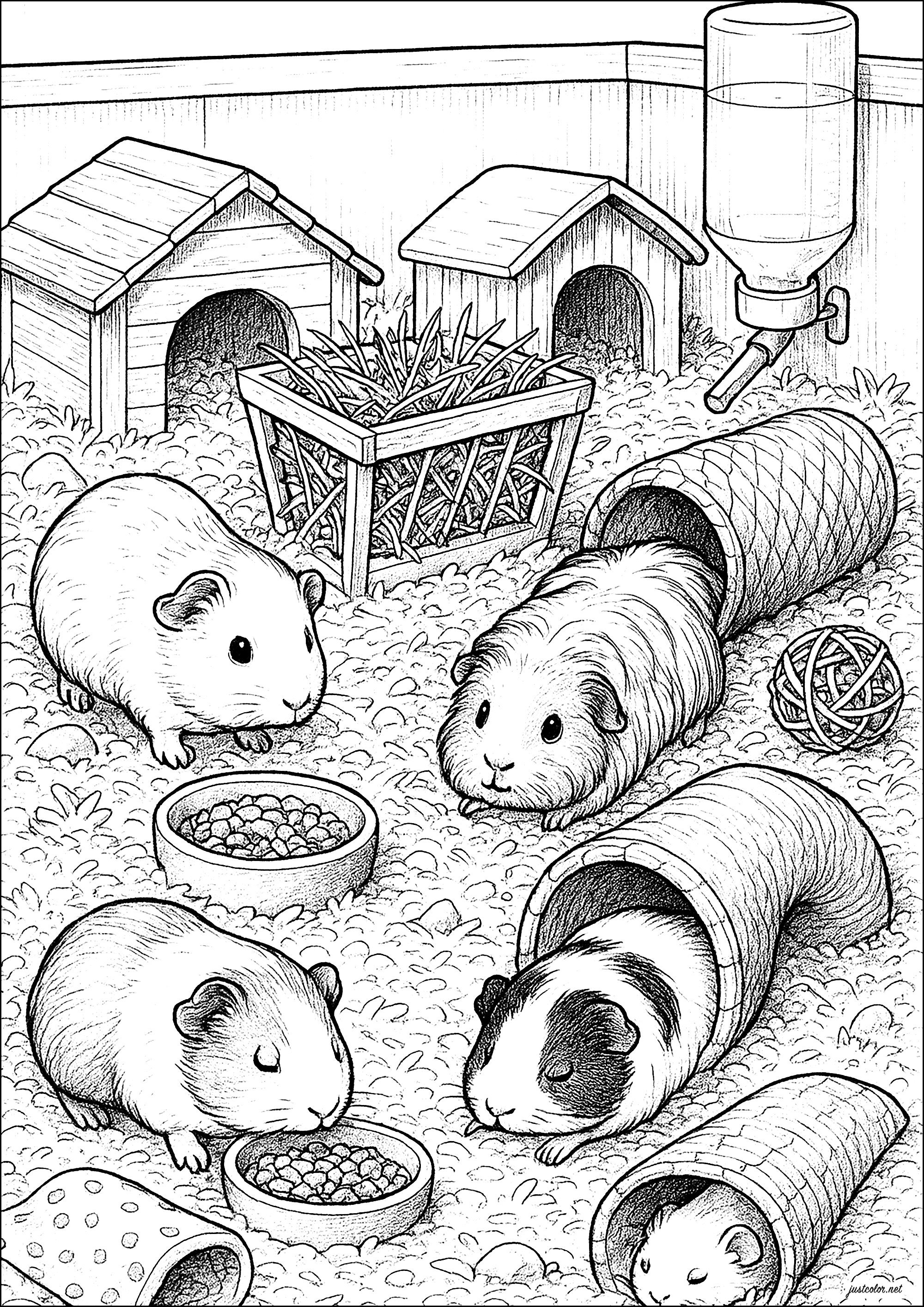 Meerschweinchen in ihrer Box (Ausmalbild zum Ausdrucken und Ausmalen für Kinder)