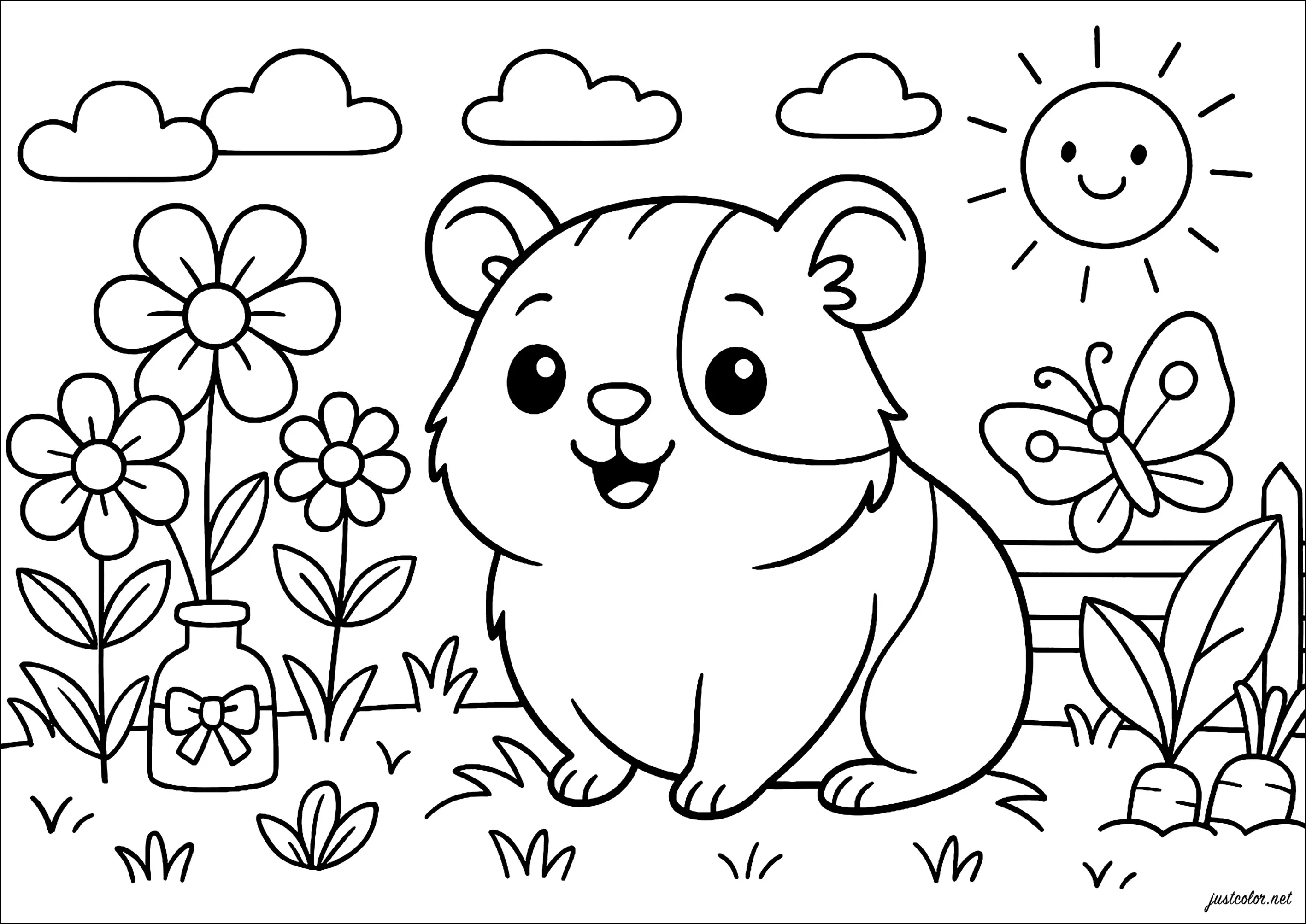 Meerschweinchen im Garten (Ausmalbild zum Ausdrucken und Ausmalen für Kinder)