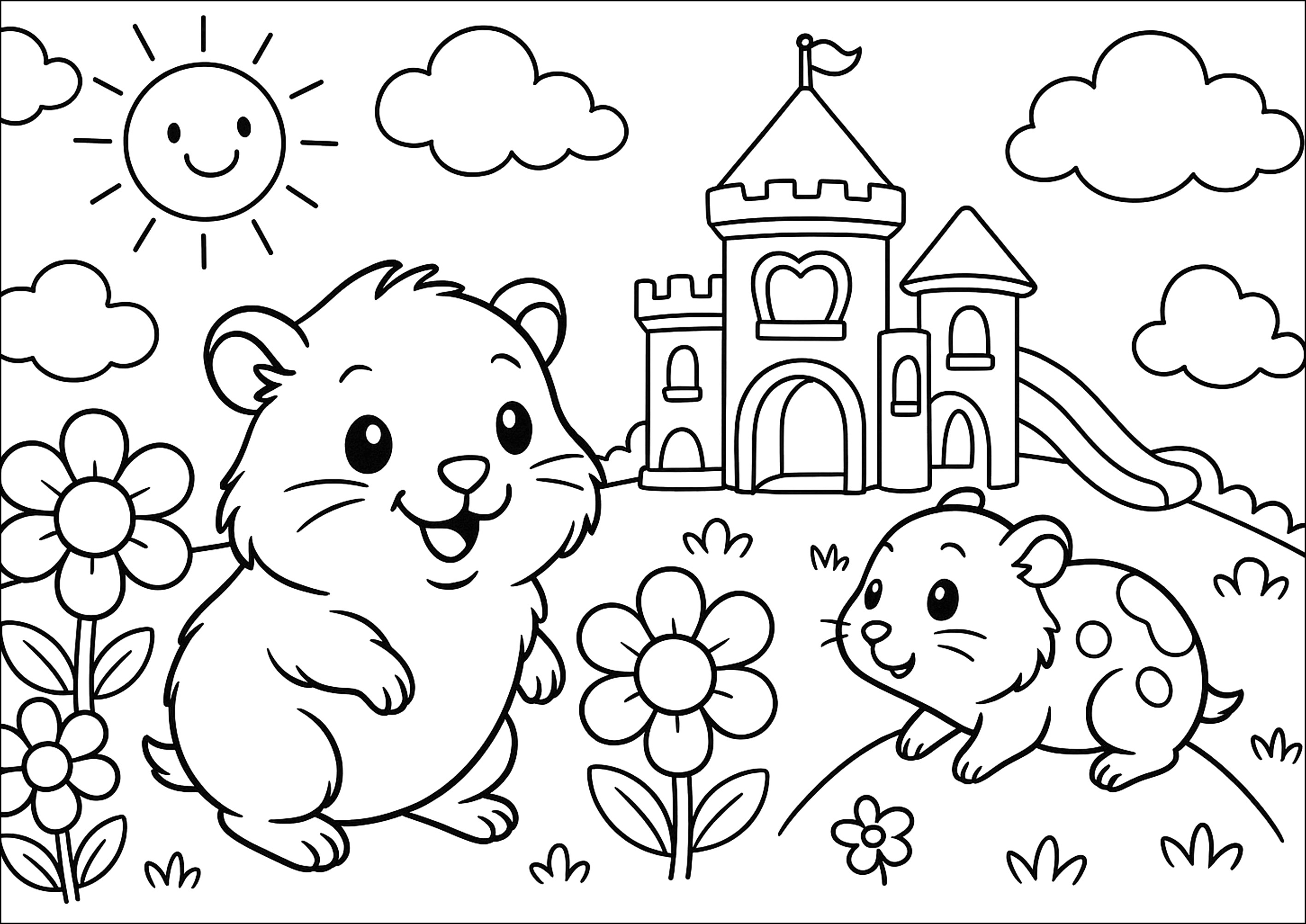 Süße Meerschweinchen vor einem Schloss (Ausmalbild zum Ausdrucken und Ausmalen für Kinder)