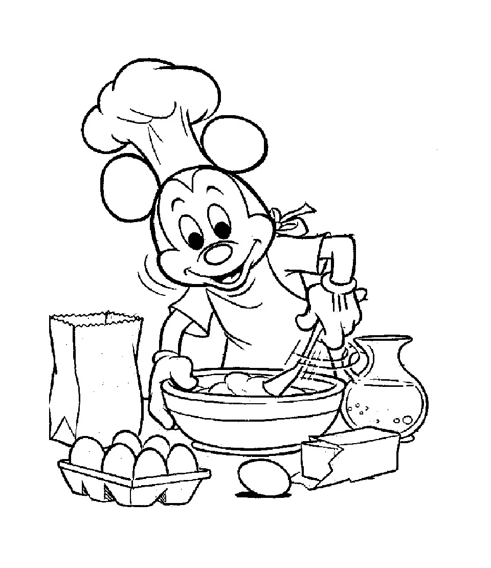 Mickey kocht (Ausmalbild von Mickey Maus zum Ausdrucken und Ausmalen für Kinder)