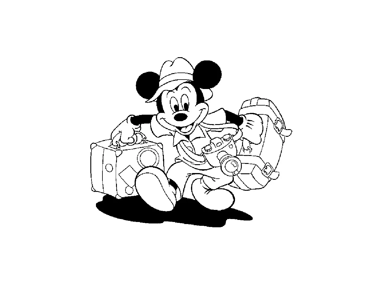 Mickey hat seine Koffer gepackt. (Ausmalbild von Mickey Maus zum Ausdrucken und Ausmalen für Kinder)