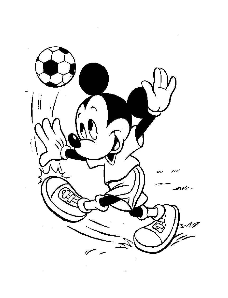 Mickey und die ganze Geschichte des Fußballs (Ausmalbild von Mickey Maus zum Ausdrucken und Ausmalen für Kinder)
