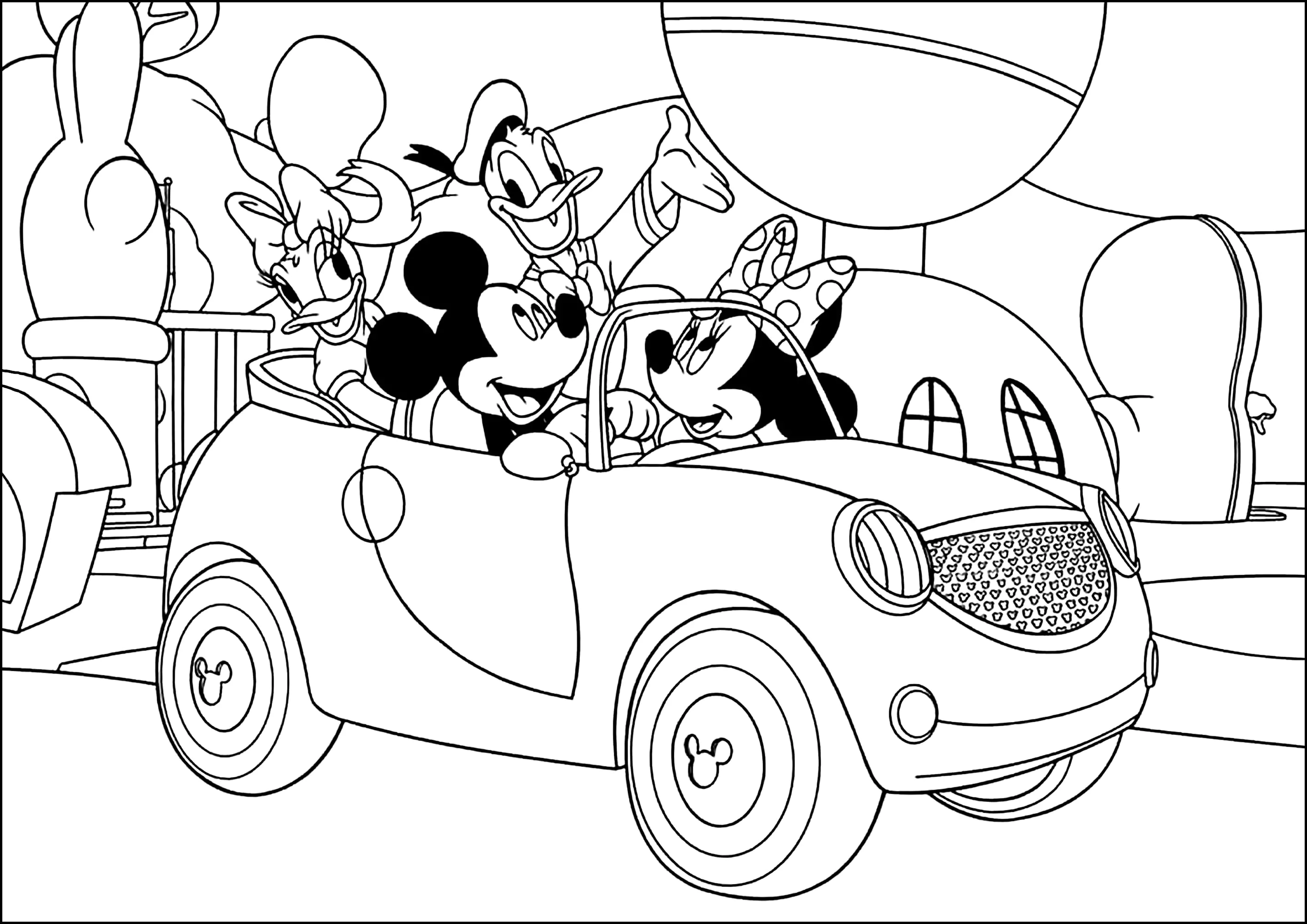 Mickeys Freunde im Auto (Ausmalbild von Mickys Haus zum Ausdrucken und Ausmalen für Kinder)