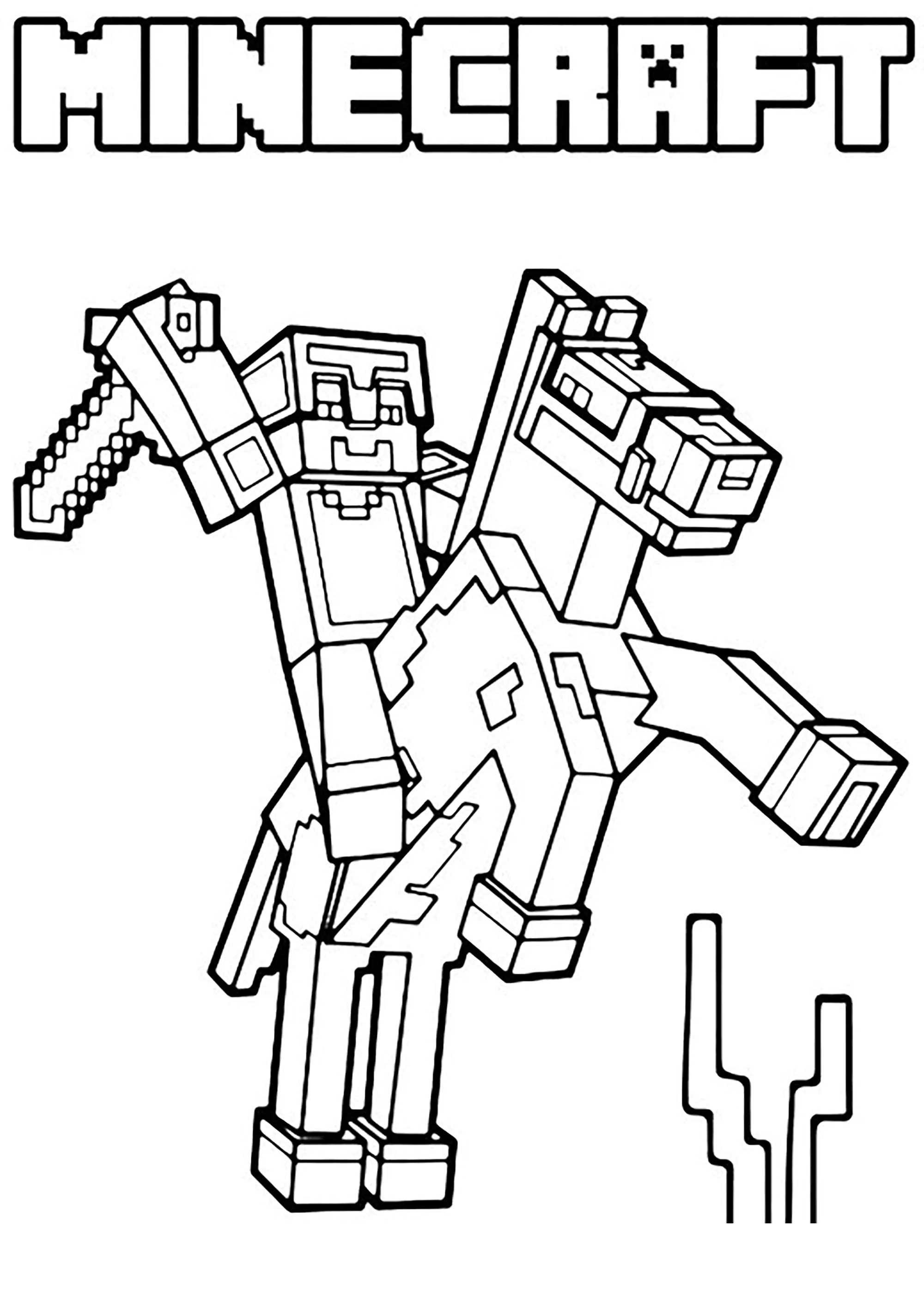Minecraft Malbuch: Ritter auf einem Pferd (Ausmalbild zum Ausdrucken und Ausmalen für Kinder)