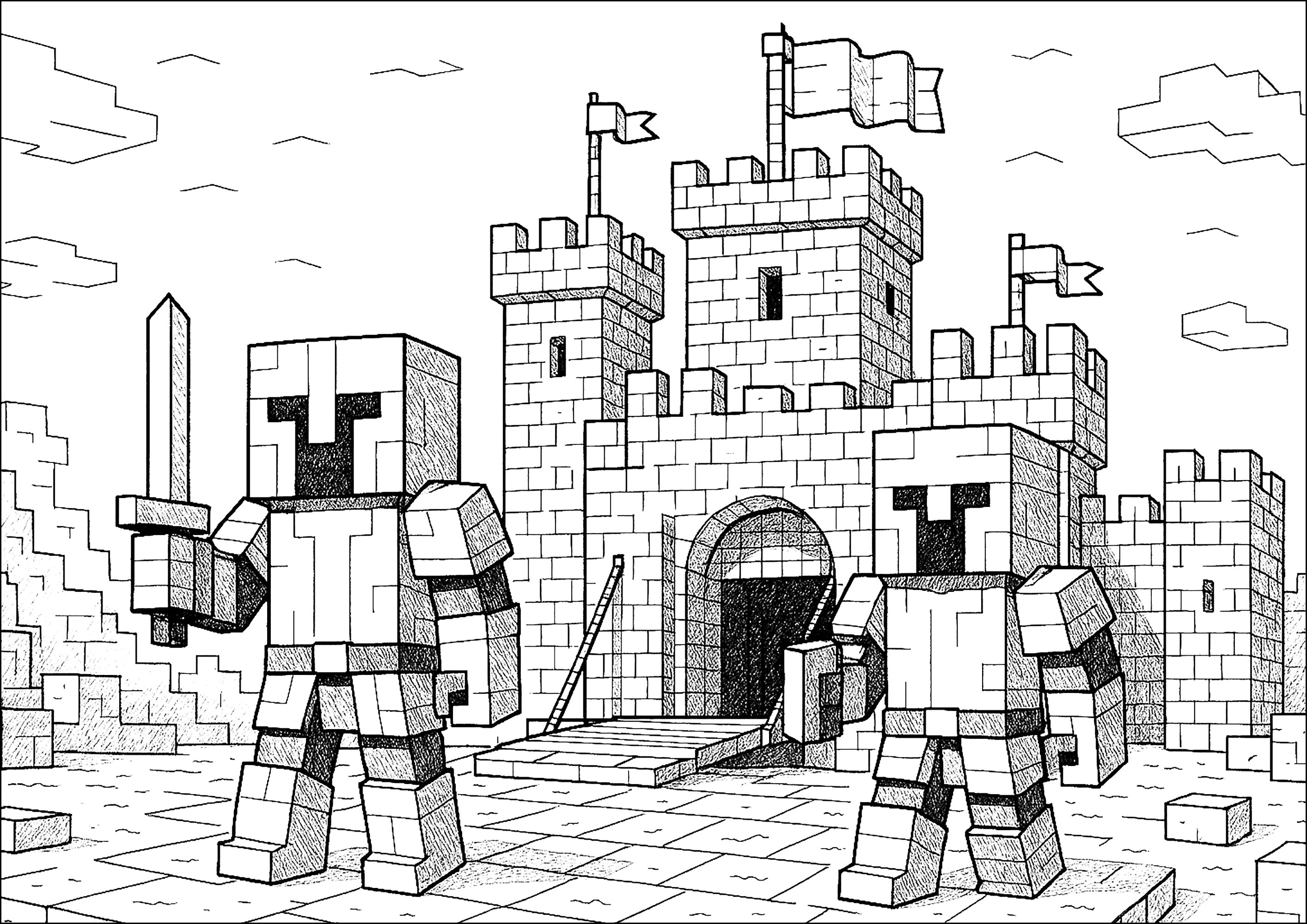 Zwei Ritter in Rüstung vor einer Burg (Ausmalbild von Minecraft zum Ausdrucken und Ausmalen für Kinder)