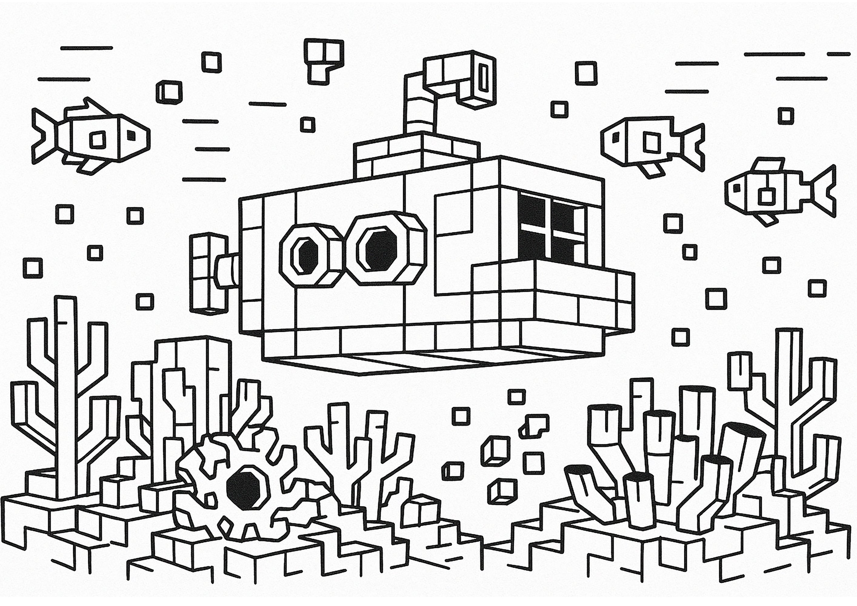 U-Boot erkundet ein Korallenriff (Ausmalbild von Minecraft zum Ausdrucken und Ausmalen für Kinder)