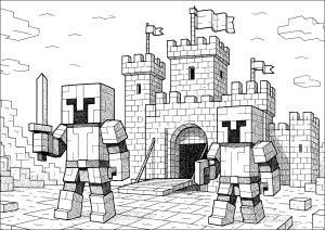 Zwei Ritter in Rüstung vor einer Burg (Ausmalbild von Minecraft)