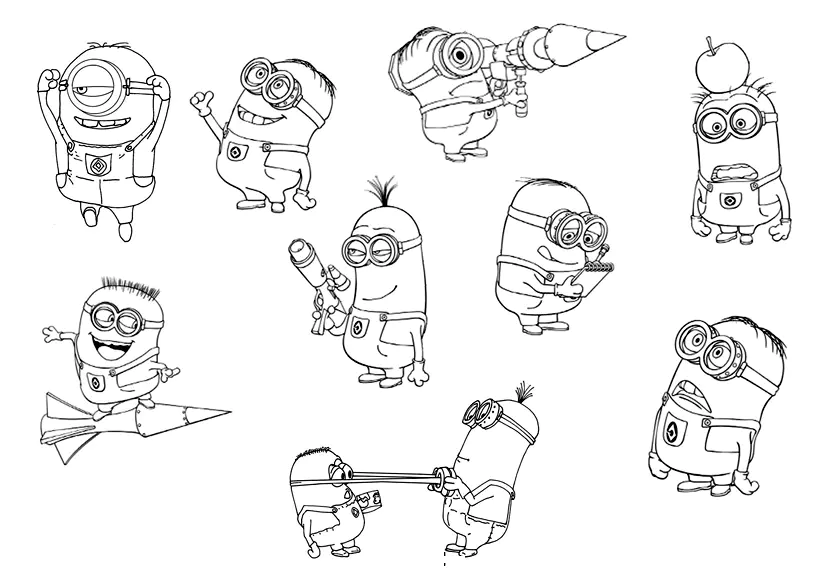 Viele gelbe Männchen mit Brille zum Ausmalen (Minions)