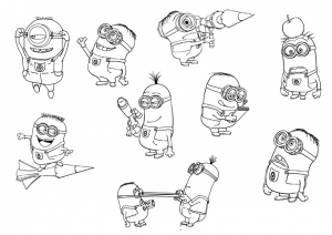 Viele gelbe Männchen mit Brille zum Ausmalen (Ausmalbild von Minions)