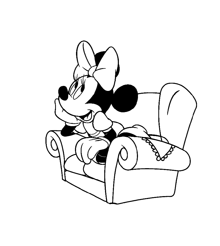 Minnie sitzt. (Ausmalbild von Minnie Maus zum Ausdrucken und Ausmalen für Kinder)