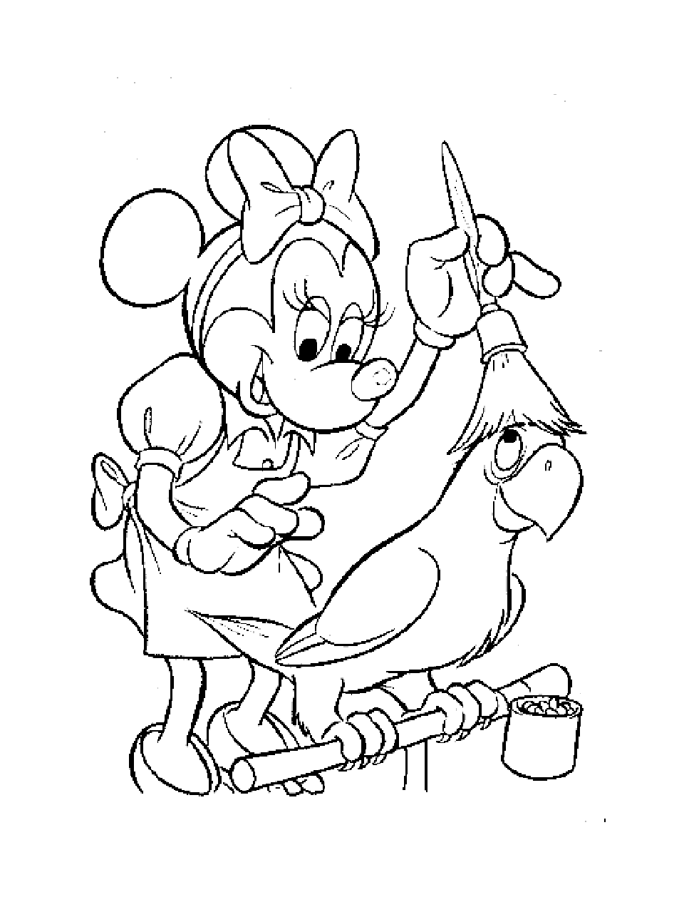 Minnie und der Papagei. (Ausmalbild von Minnie Maus zum Ausdrucken und Ausmalen für Kinder)