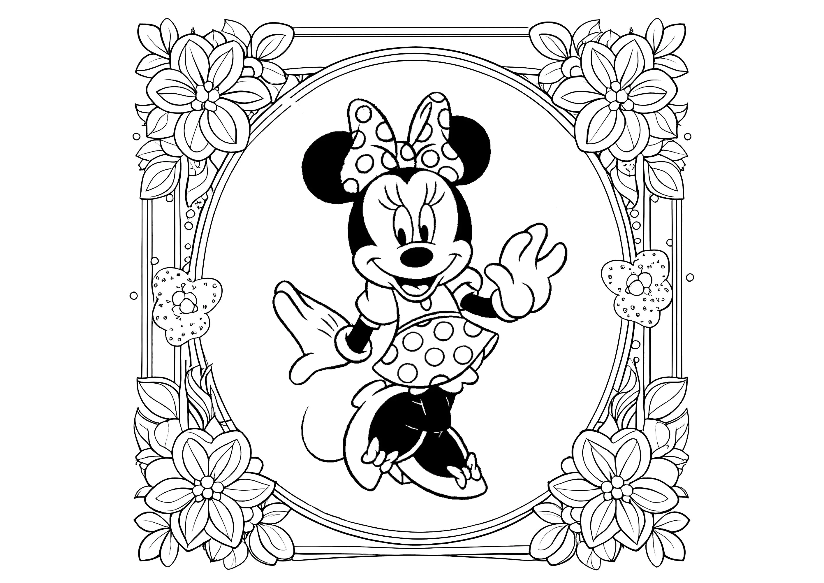 Hübsche Minnie in einem blumigen Rahmen. (Ausmalbild von Minnie Maus zum Ausdrucken und Ausmalen für Kinder)