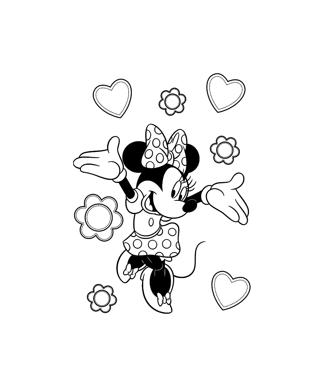 Minnie ist sehr fröhlich. (Ausmalbild von Minnie Maus zum Ausdrucken und Ausmalen für Kinder)