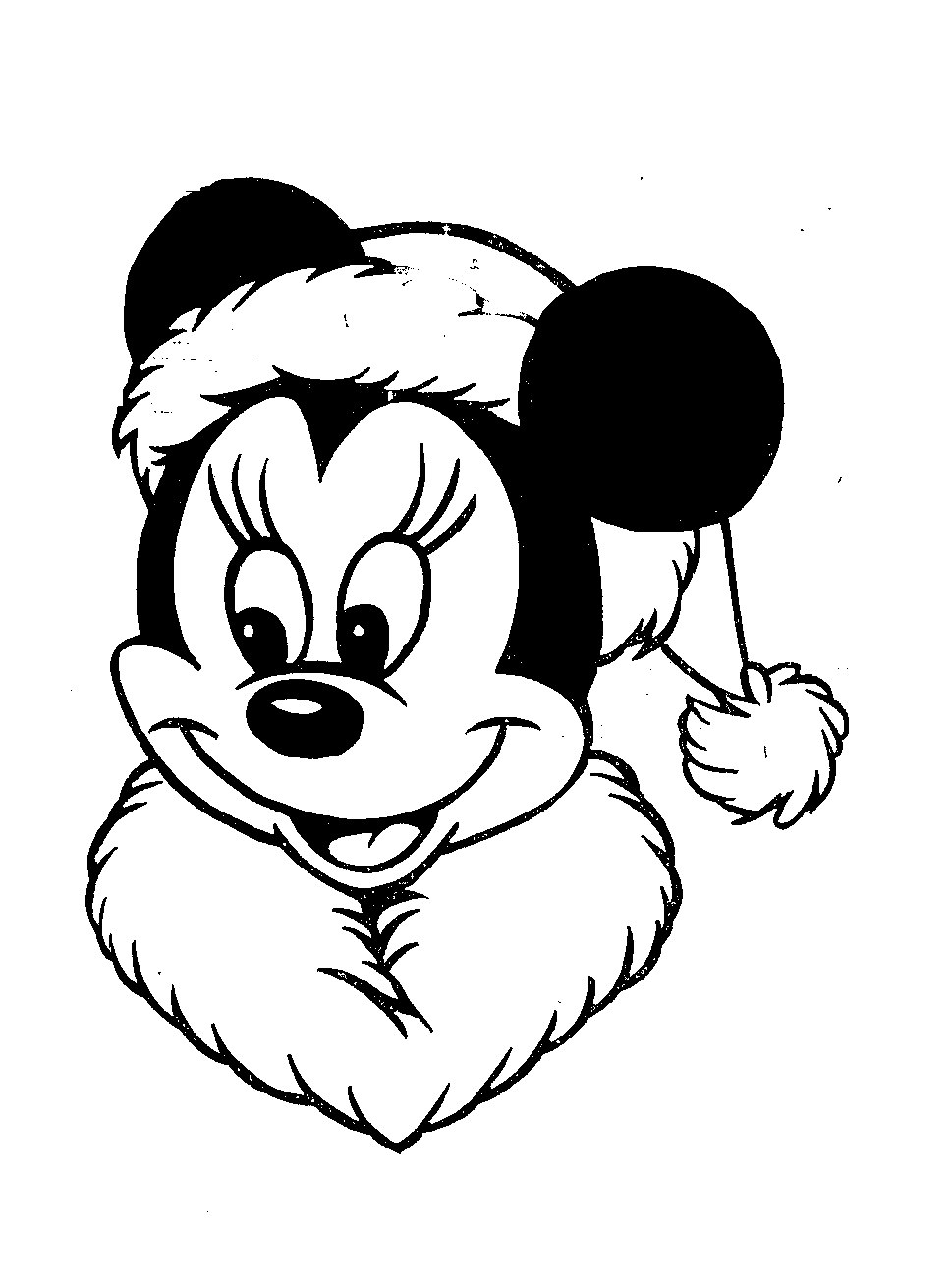 Minnie mit einer Weihnachtsmütze. (Ausmalbild von Minnie Maus zum Ausdrucken und Ausmalen für Kinder)
