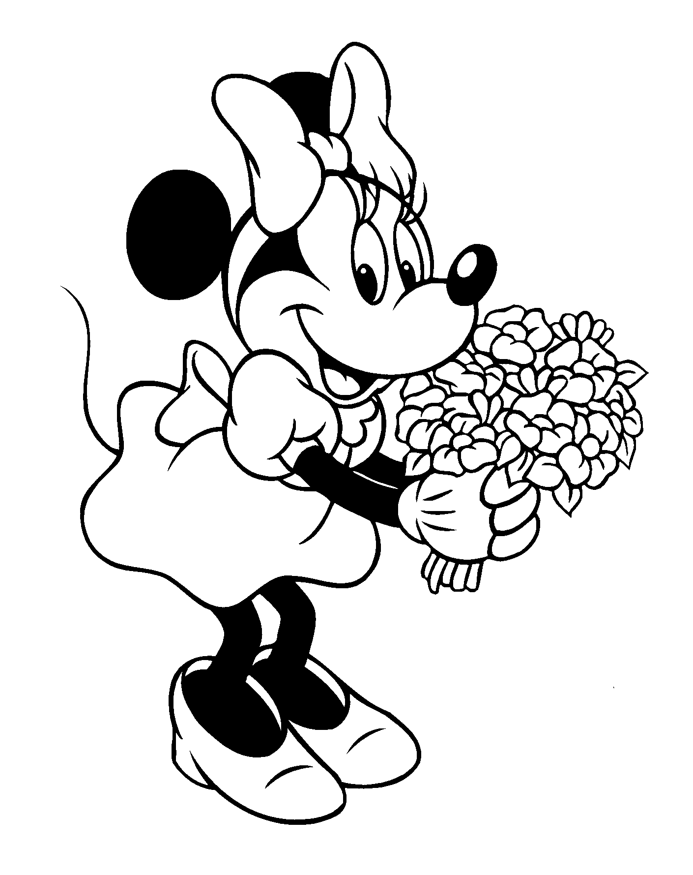 Minnie und die Blumen (Ausmalbild von Minnie Maus zum Ausdrucken und Ausmalen für Kinder)