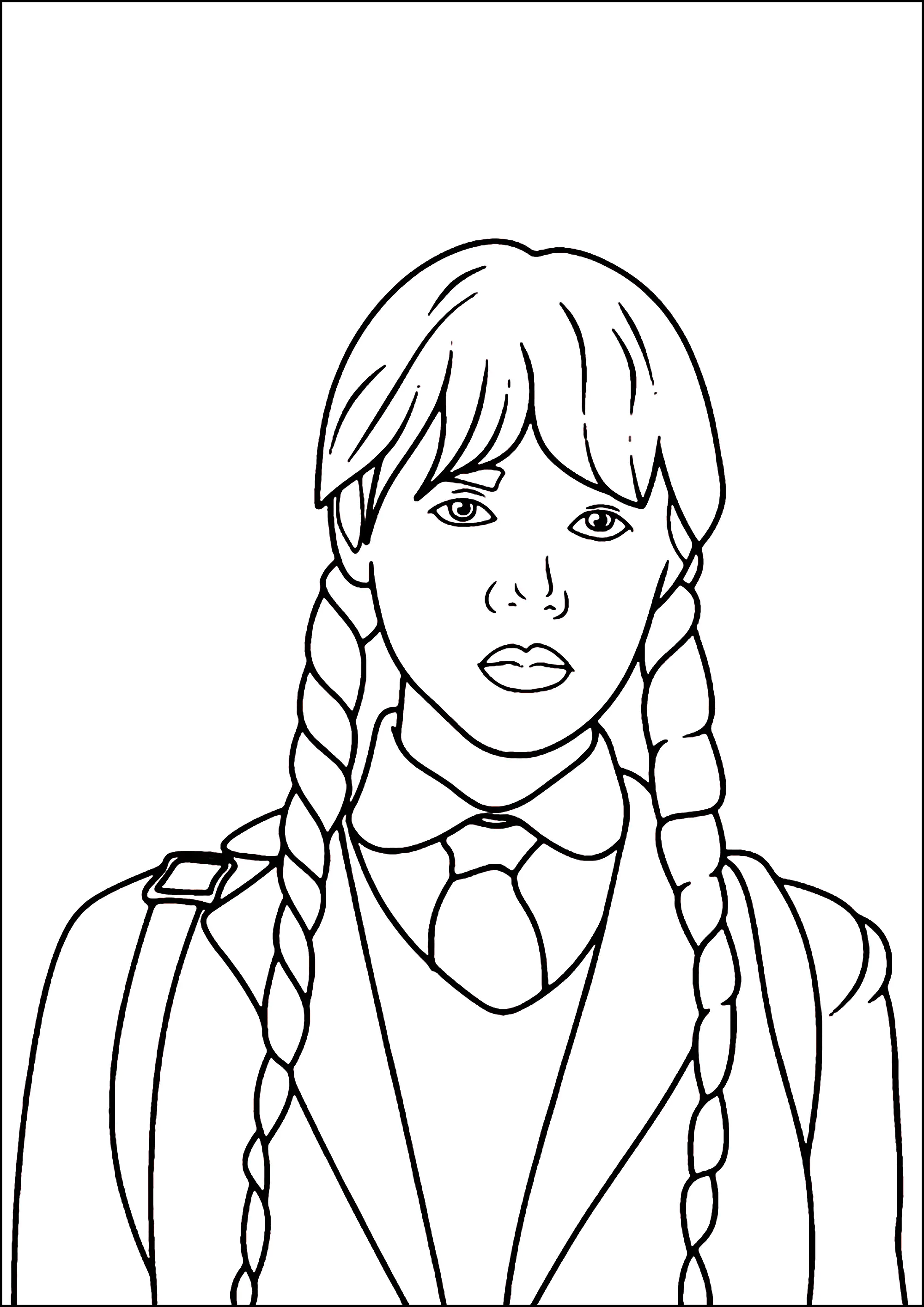 Einfache Zeichnung von Wednesday Addams. (Ausmalbild von Mittwoch zum Ausdrucken und Ausmalen für Kinder)